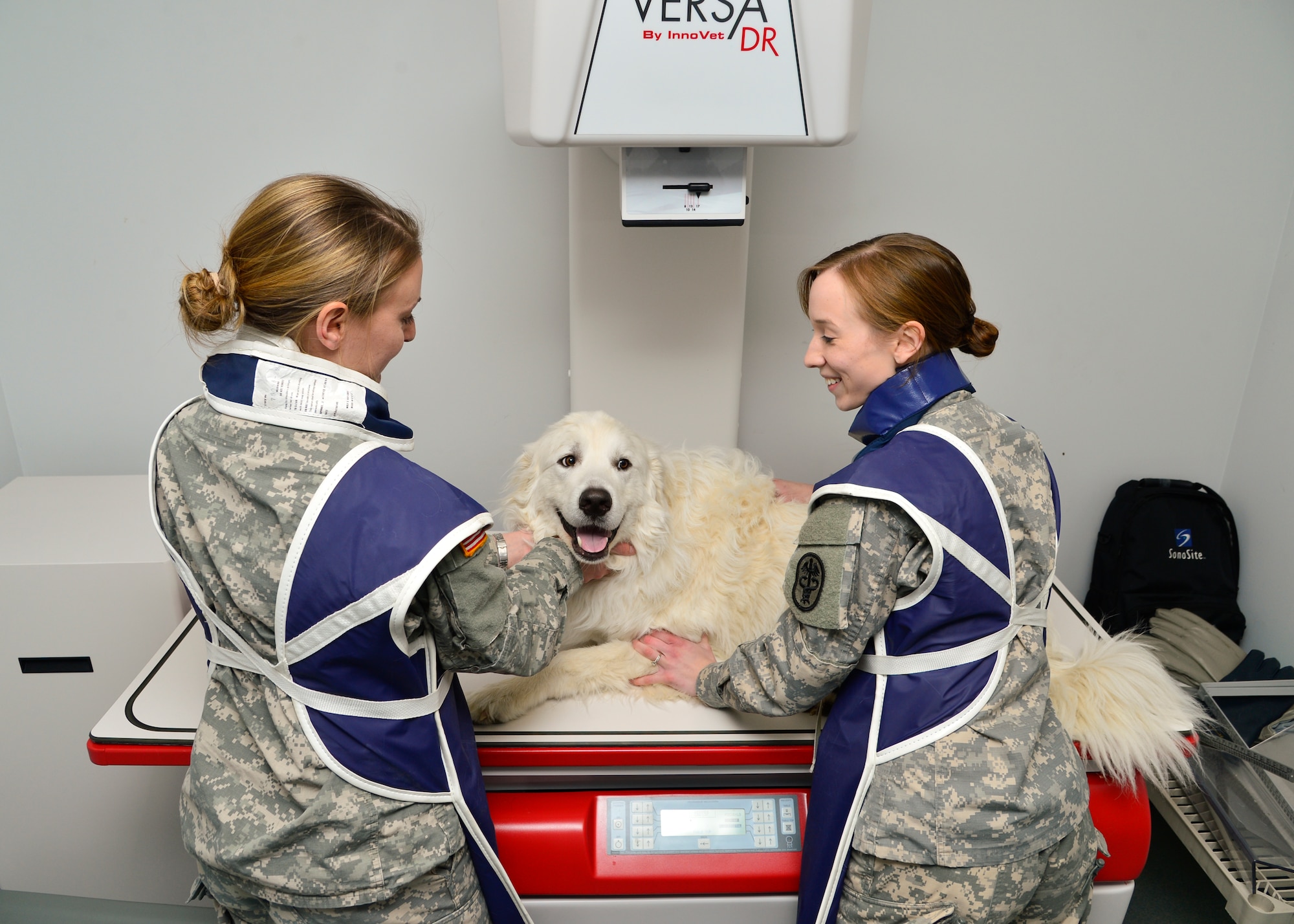 Army Capt. Amanda Jeffries, left, Veterinary Treatment Facility Officer-in charge and veterinarian, and Army Spc. Sara McGlone, right, VTF NCO-in charge, prepare Beau, a Great Pyrenees, for an X-ray Feb. 27, 2015, at the VTF on Dover Air Force Base, Del. The VTF provides services in radiography and ultrasonography and soon expects to offer surgical services. (U.S. Air Force photo/Airman 1st Class William Johnson)