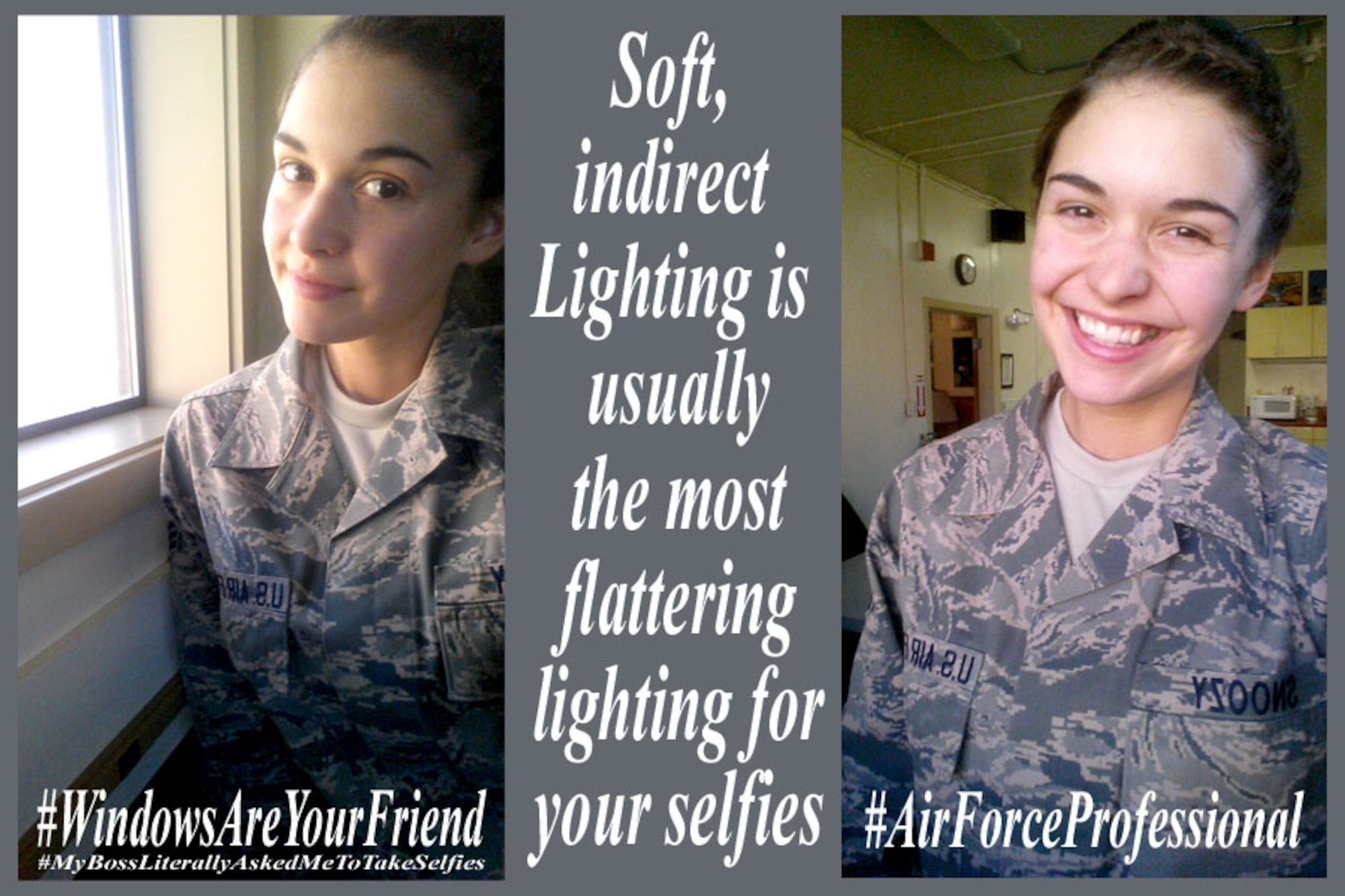 U.S. Air Force Senior Airmen Penny Snoozy poses in selfies to demonstrate how natural and soft lighting can improve photograph quality at Kingsley Field, Ore. March 2, 2015.  Snoozy offers tips to keep Airmen professional in their social media endeavors to positively influence community opinion.  (U.S. Air National Guard photo illustration by Senior Airman Penny Snoozy/released)