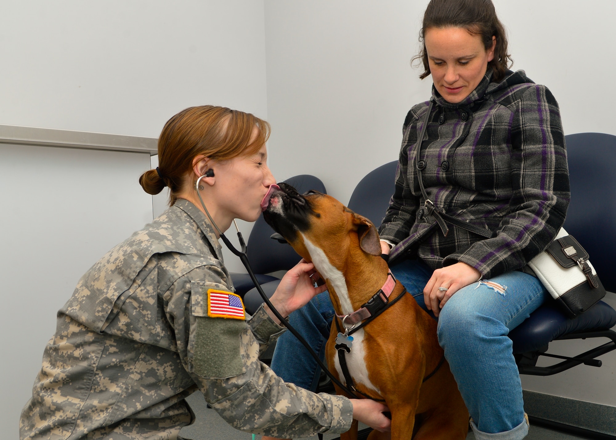 Army Spc. Sara McGlone, Veterinary Treatment Facility NCO-in charge, receives a kiss from her patient, Bailey, prior to receiving her vaccinations Feb. 27, 2015, at the VTF on Dover Air Force Base, Del. The VTF offers preventive care measures such as vaccinations, laboratory testing and heartworm testing for privately owned animals of Team Dover members. (U.S. Air Force photo/Airman 1st Class William Johnson)