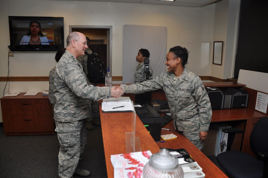 Chief of Air Force Reserve and Commander, Air Force Reserve Command, Lt. Gen. James "JJ" Jackson conducted a unit visit at the 459th Air Refueling Wing during its unit training assembly weekend in February. He met with the unit's leadership, and he also met with members of the unit's workforce. He ended his visit with a heavily attended town hall meeting for the entire wing. (U.S. Air Force Photo / Tech. Sgt. Brent Skeen)