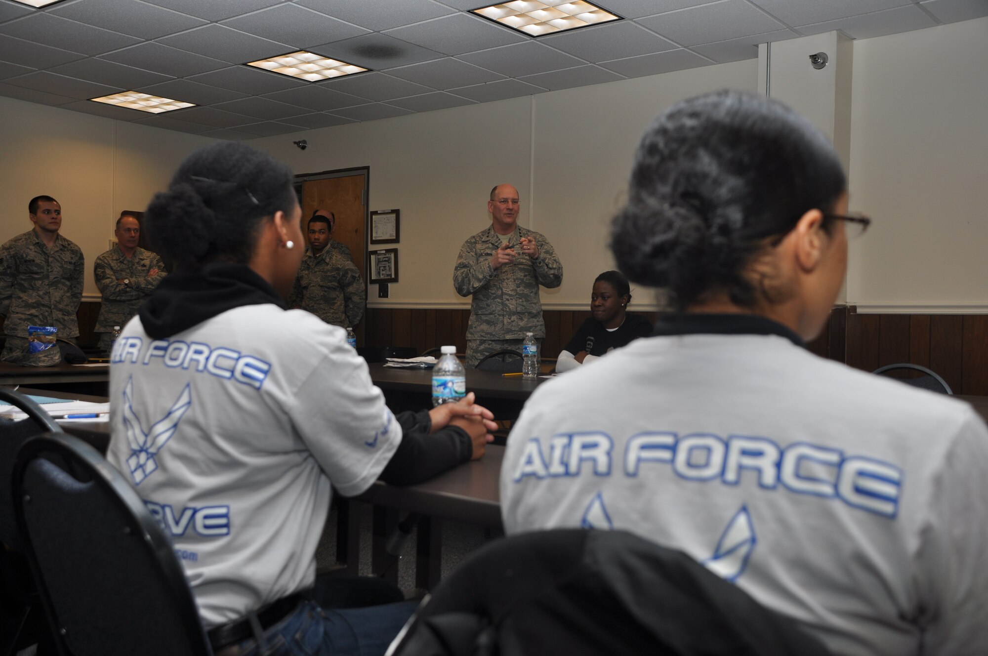 Chief of Air Force Reserve and Commander, Air Force Reserve Command, Lt. Gen. James "JJ" Jackson conducted a unit visit at the 459th Air Refueling Wing during its unit training assembly weekend in February. He met with the unit's leadership, and he also met with members of the unit's workforce. He ended his visit with a heavily attended town hall meeting for the entire wing. (U.S. Air Force Photo / Tech. Sgt. Brent Skeen)