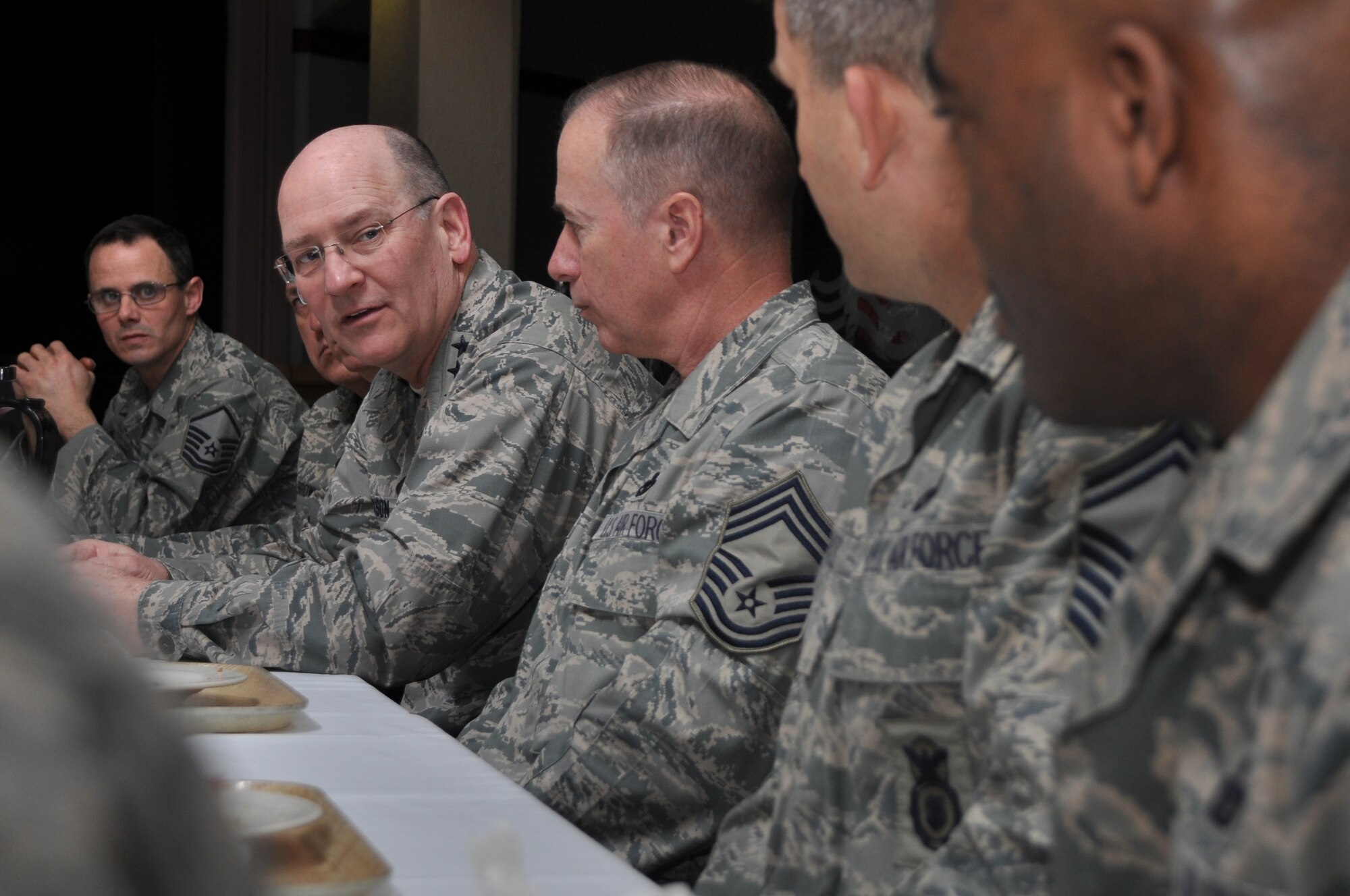 Chief of Air Force Reserve and Commander, Air Force Reserve Command, Lt. Gen. James "JJ" Jackson conducted a unit visit at the 459th Air Refueling Wing during its unit training assembly weekend in February. He met with the unit's leadership, and he also met with members of the unit's workforce. He ended his visit with a heavily attended town hall meeting for the entire wing. (U.S. Air Force Photo / Tech. Sgt. Brent Skeen)