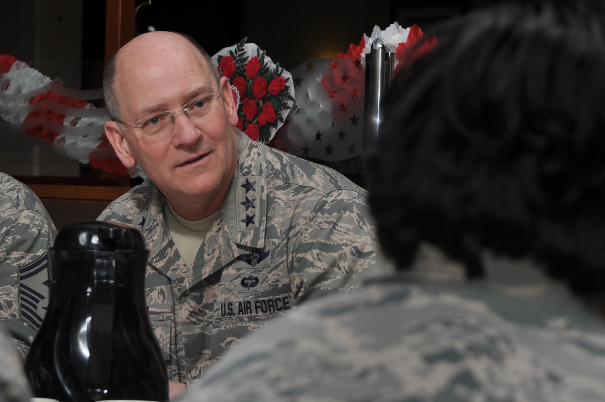 Chief of Air Force Reserve and Commander, Air Force Reserve Command, Lt. Gen. James "JJ" Jackson conducted a unit visit at the 459th Air Refueling Wing during its unit training assembly weekend in February. He met with the unit's leadership, and he also met with members of the unit's workforce. He ended his visit with a heavily attended town hall meeting for the entire wing. (U.S. Air Force Photo / Tech. Sgt. Brent Skeen)