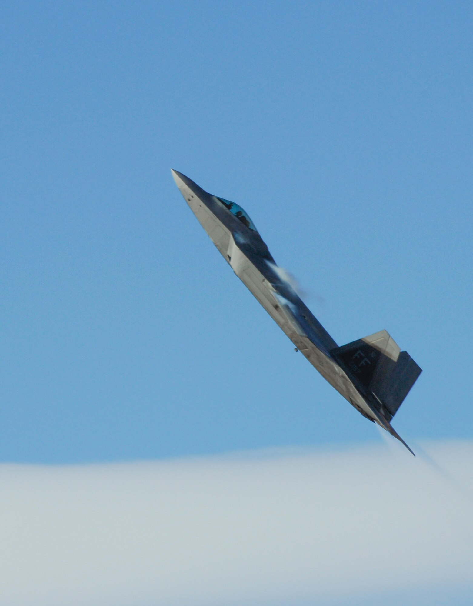 An F-22 Raptor performs aerial demonstrations during the 2015 Heritage Flight Training and Certification Course at Davis-Monthan Air Force Base, Ariz., Feb. 28, 2015. Established in 1997, the HFTCC featured aerial demonstrations from historical and modern fighter aircraft which will fly in formation together during air shows across the country. (U.S. Air Force photo by Airman 1st Class Cheyenne Morigeau/Released)
