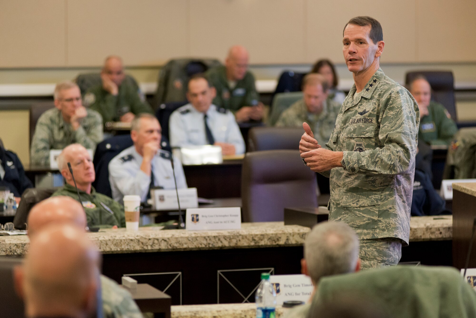 Lt. Gen. Stanley E. Clarke III, director of the Air National Guard, addresses senior ANG leaders during the “Blue G. O. Summit” at Joint Base Andrews, Maryland, February 18, 2015. Topics for the two-day meeting included professionalism, ethics, Sexual Assault Prevention and Response, and leadership. (U.S. Air National Guard photo by Master Sgt. Marvin R. Preston/Released)