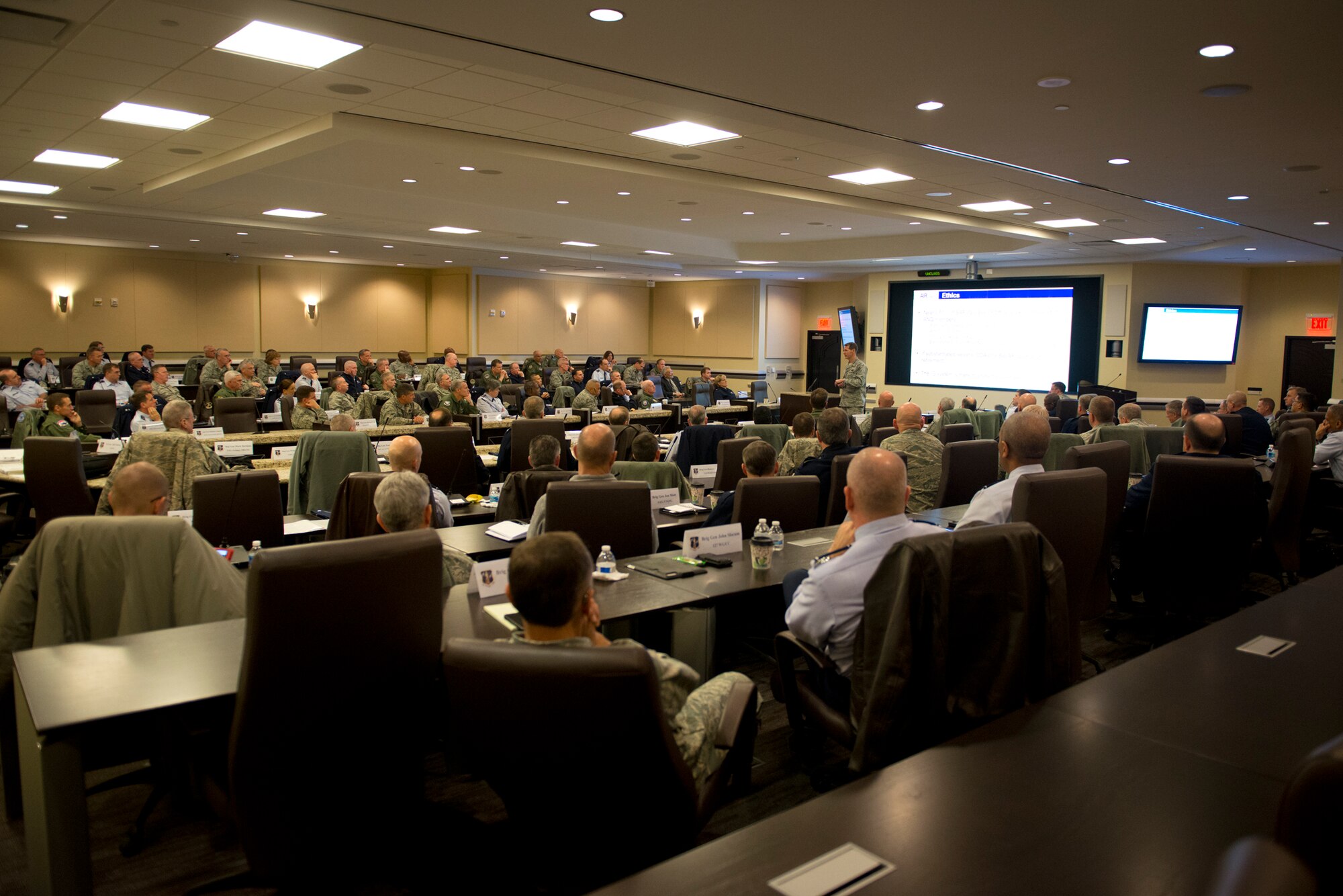Lt. Gen. Stanley E. Clarke III, director of the Air National Guard, addresses senior ANG leaders during the “Blue G. O. Summit” at Joint Base Andrews, Maryland, February 18, 2015. Topics for the two-day meeting included professionalism, ethics, Sexual Assault Prevention and Response, and leadership. (U.S. Air National Guard photo by Master Sgt. Marvin R. Preston/Released)