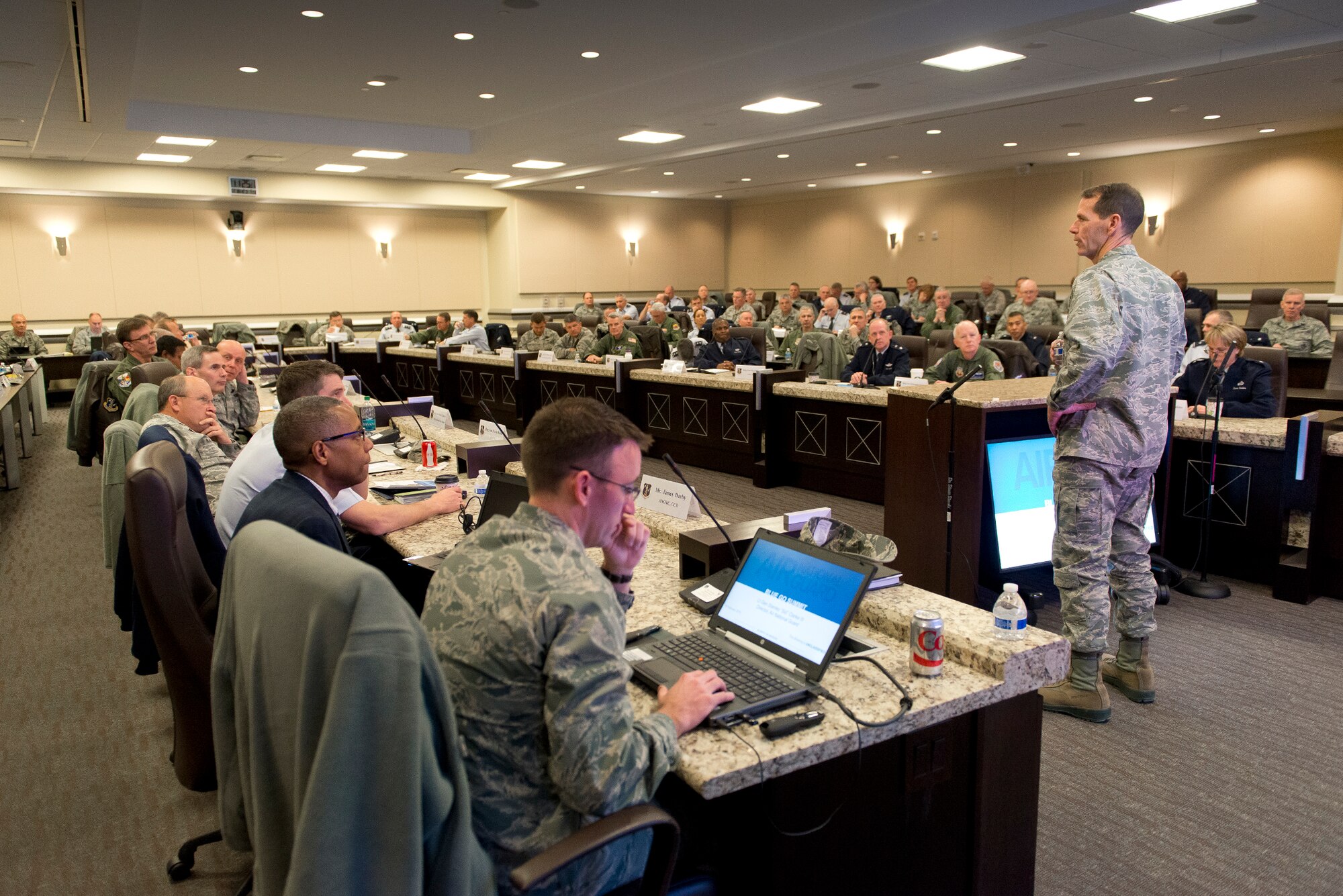 Lt. Gen. Stanley E. Clarke III, director of the Air National Guard, addresses senior ANG leaders during the “Blue G. O. Summit” at Joint Base Andrews, Maryland, February 18, 2015. Topics for the two-day meeting included professionalism, ethics, Sexual Assault Prevention and Response, and leadership. (U.S. Air National Guard photo by Master Sgt. Marvin R. Preston/Released)