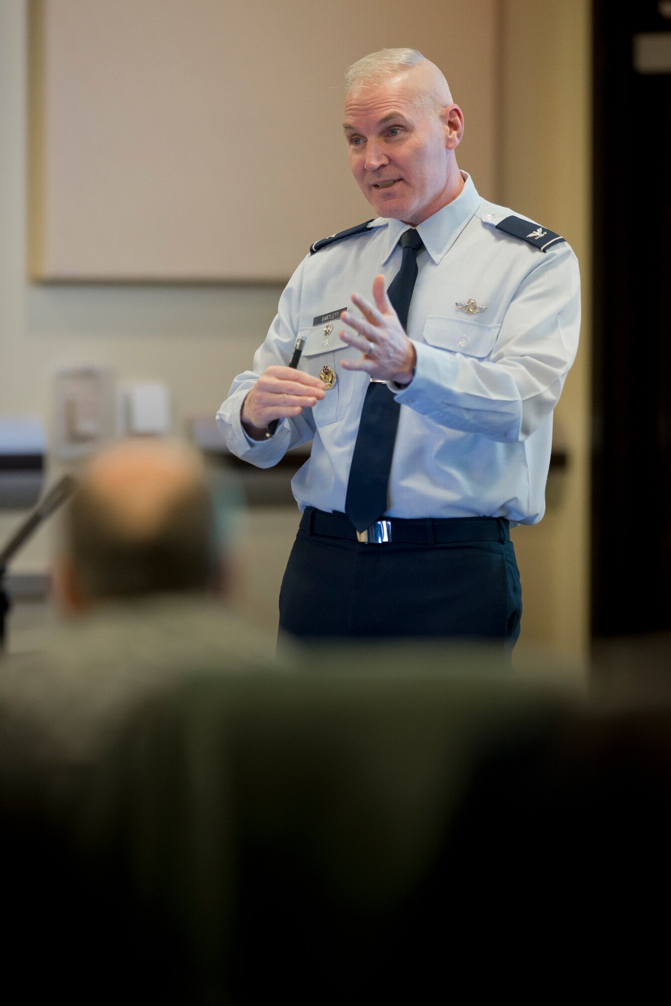 Col. Matthew Bartlett, investigator from the office an the Air Force Inspector General Office, addresses senior Air National Guard leaders during the “Blue G. O. Summit” at Joint Base Andrews, Maryland, February 18, 2015. Topics for the two-day meeting included professionalism, ethics, Sexual Assault Prevention and Response, and leadership. (U.S. Air National Guard photo by Master Sgt. Marvin R. Preston/Released)