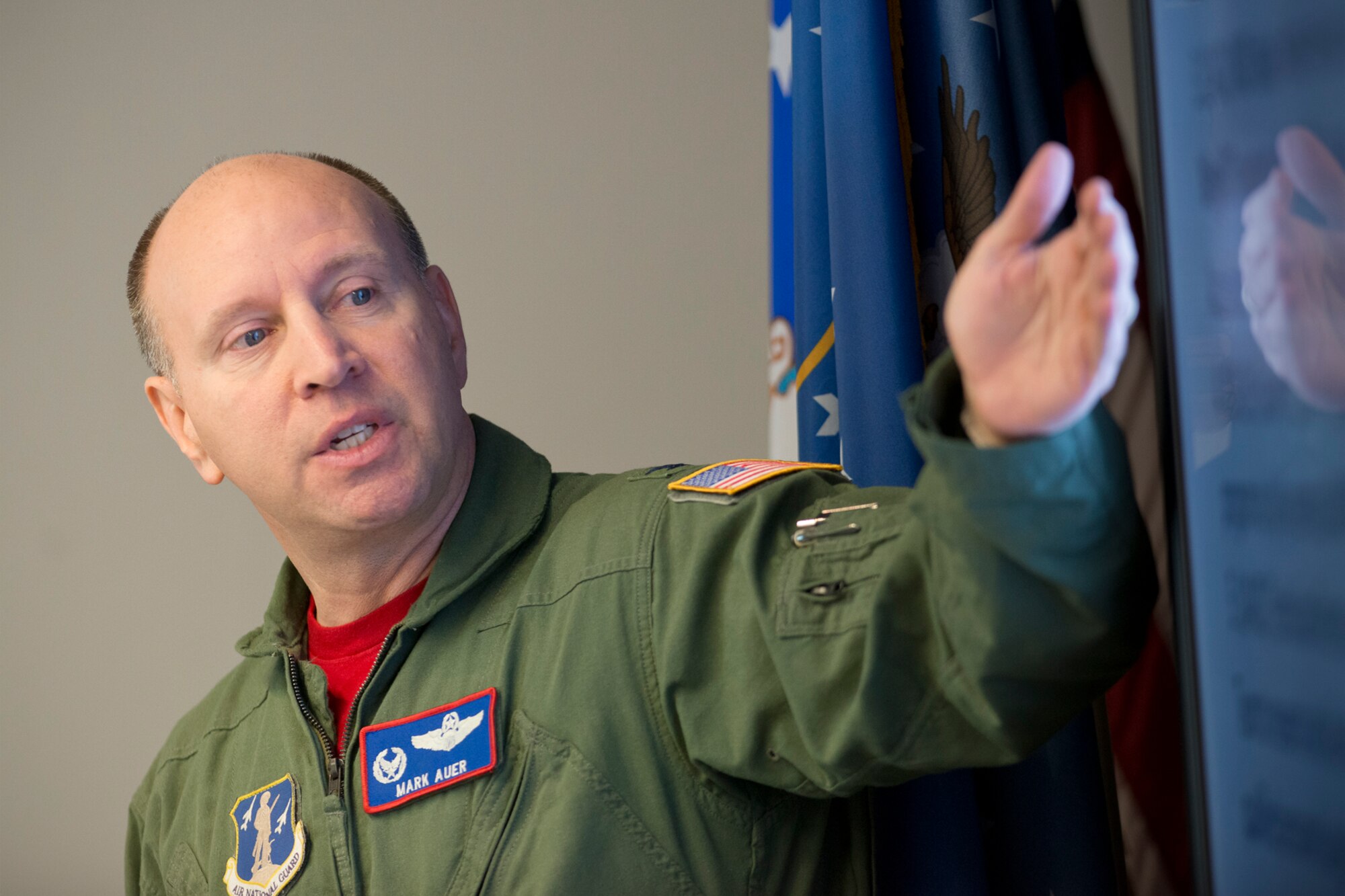Col. Mark D. Auer, chair of the Air Directorate Field Advisory Council, briefs members of the Strategic Planning System at Joint Base Andrews, Maryland, February 20, 2015. The SPS meets quarterly to discuss updates to Air National Guard strategy and development. (U.S. Air National Guard photo by Master Sgt. Marvin R. Preston/Released)