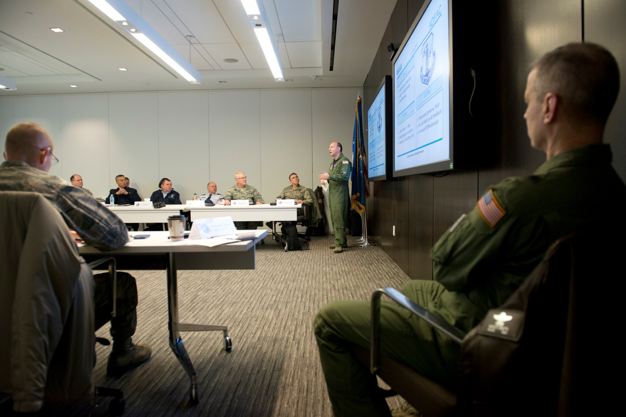 Col. Mark D. Auer, chair of the Air Directorate Field Advisory Council, briefs members of the Strategic Planning System at Joint Base Andrews, Maryland, February 20, 2015. The SPS meets quarterly to discuss updates to Air National Guard strategy and development. (U.S. Air National Guard photo by Master Sgt. Marvin R. Preston/Released)