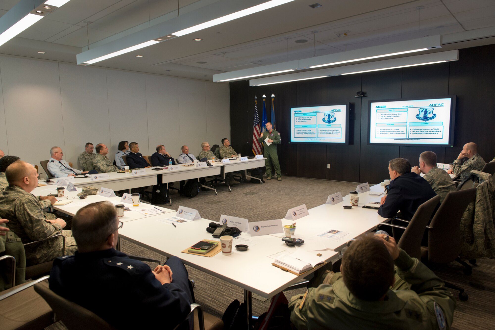 Col. Mark D. Auer, chair of the Air Directorate Field Advisory Council, briefs members of the Strategic Planning System at Joint Base Andrews, Maryland, February 20, 2015. The SPS meets quarterly to discuss updates to Air National Guard strategy and development. (U.S. Air National Guard photo by Master Sgt. Marvin R. Preston/Released)
