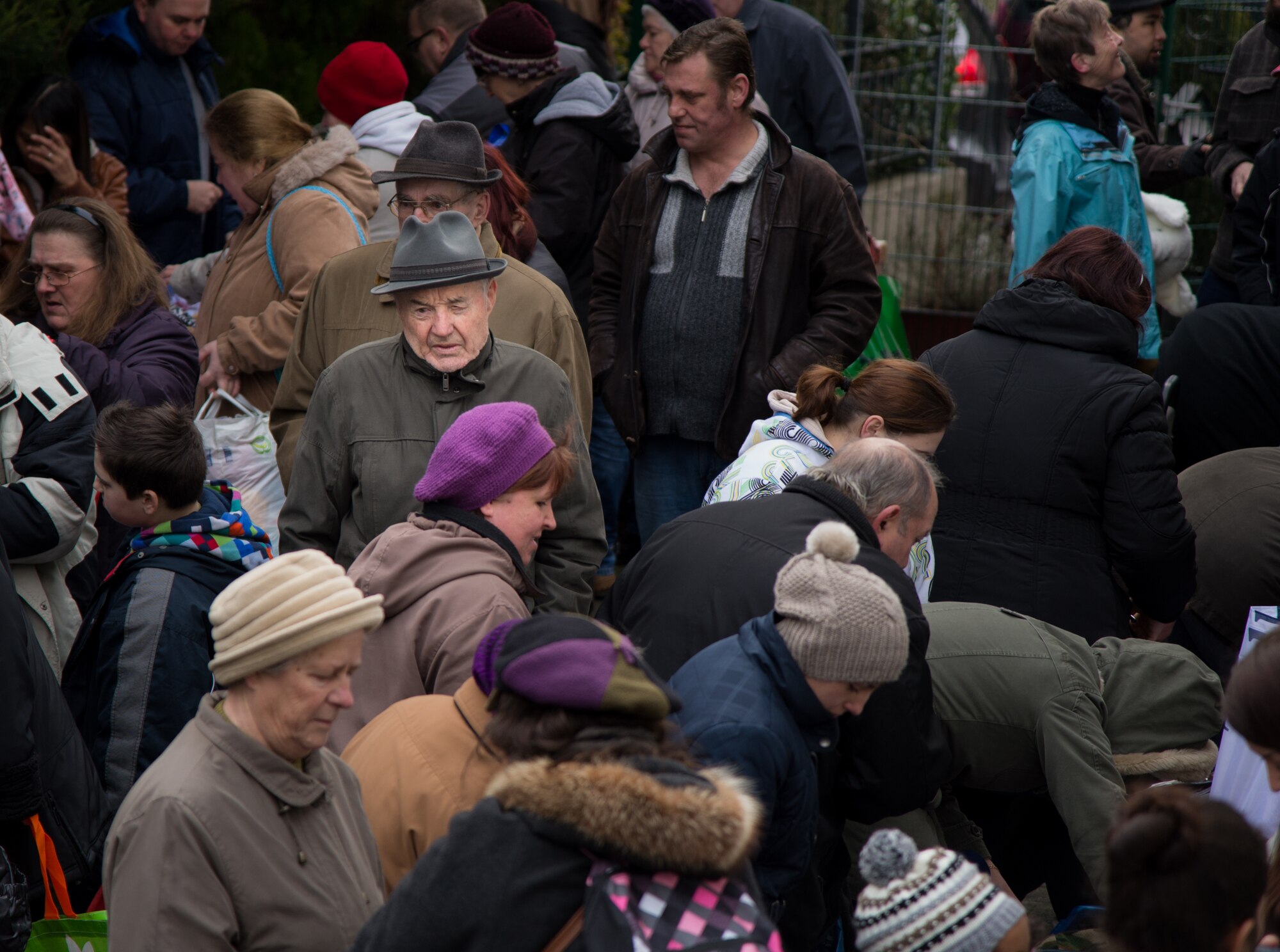 People from the local community attend a food and clothing drive Feb. 21, 2015, in Kaiserslautern, Germany. The donations were sorted by volunteers from around the Kaiserslautern Military Community to provide clothing and food to the less fortunate. (U.S. Air Force/Senior Airman Jonathan Stefanko)