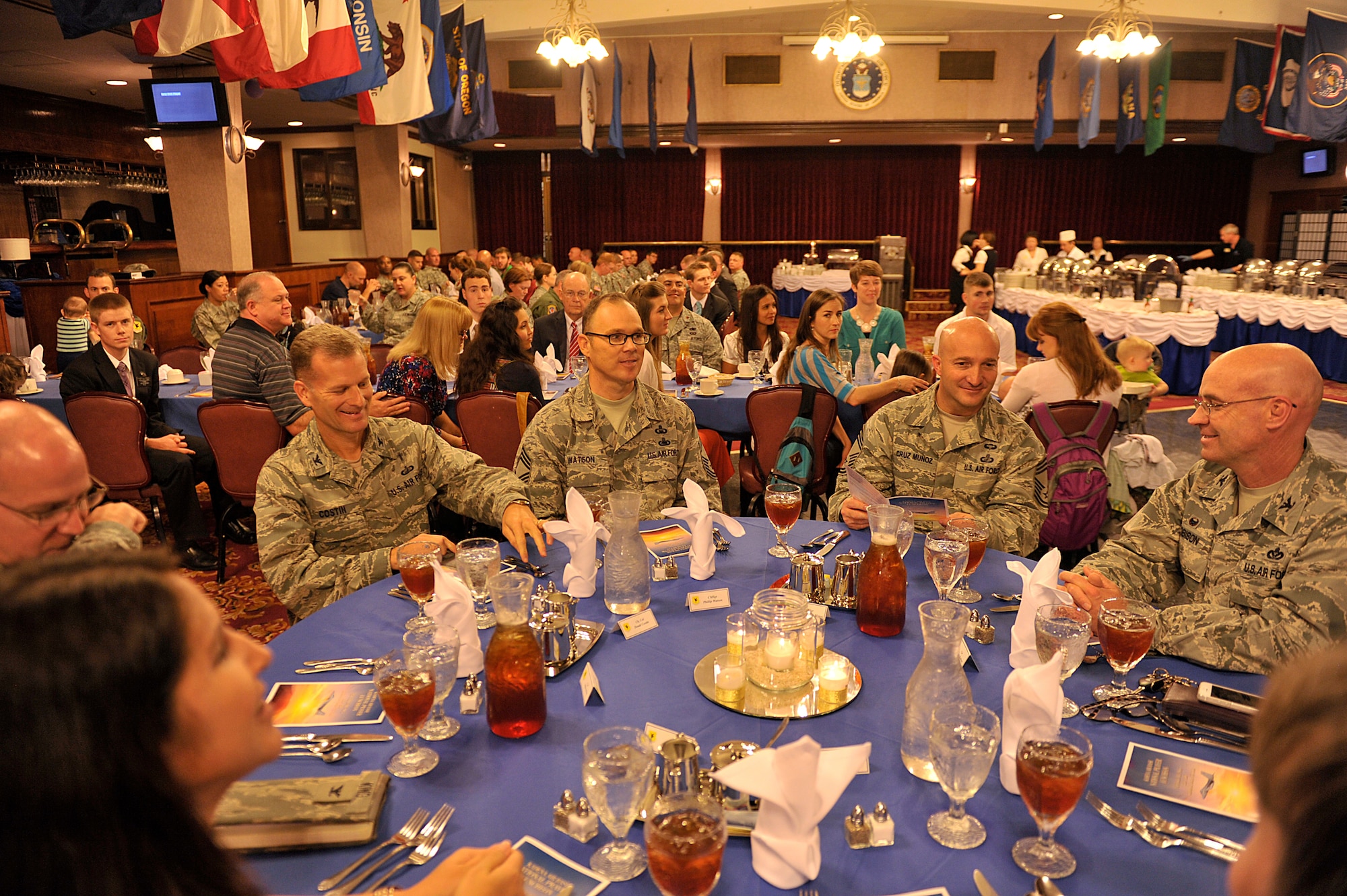 Nearly 300 people attended the National Prayer Luncheon at the Rocker NCO Club on Kadena Air Base, Japan, Feb. 25, 2015. U.S. Air Force Chaplain (Col.) Dondi Costin, Pacific Air Forces command chaplain was the key guest speaker for the luncheon and spoke to attendees about the importance of hope, prayer and unity. (U.S. Air Force photo by Naoto Anazawa)