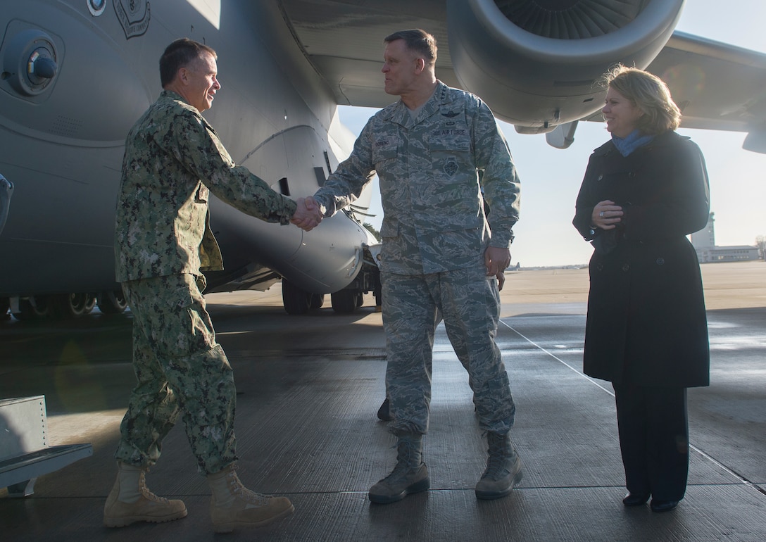 U.S. Navy Adm. James A. Winnefeld Jr., vice chairman of the Joint Chiefs of Staff, greets U.S. Air Force Gen. Frank Gorenc, commander of U.S. Air Forces in Europe and Africa, upon arriving on Ramstein Air Base, Germany, March 3, 2015. Winnefeld is hosting the tour, which runs through March 9, 2015, to bring cheer to service members serving around the world.