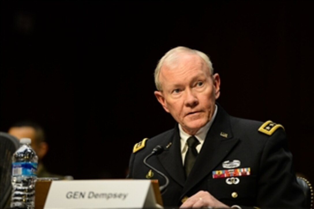 Army Gen. Martin E. Dempsey, chairman of the Joint Chiefs of Staff, testifies on the proposed budget for fiscal year 2016 before the Senate Armed Services Committee in Washington, D.C., March 3, 2015.
