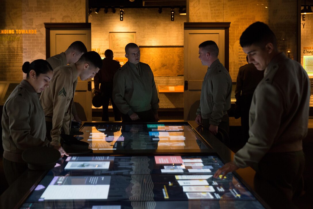 Marines from Marine Barracks Washington, D.C, tour the National Archives after the reenlistment ceremony of Cpl. David Olvera. March 4, 2015. (U.S. Marine Corps photo by Lance Cpl. Christian Varney/Released)