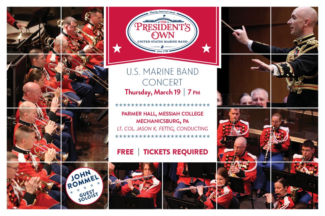 Thursday, March 19 at 7 p.m. - The Marine Band concert will include music by Samuel Jones, David Conte, Maurice Ravel, Bernard Hermann, David Gillingham, John Philip Sousa, and John Williams’ “Adventures on Earth” from E. T. (The Extra-Terrestrial). The concert is part of the National Trumpet Competition, one of the nation’s premier organizations for trumpet players, and will feature guest soloist John Rommel. Rommel, performing Gillingham’s When Speaks the Signal-Trumpet Tone, is trumpet professor at Indiana University in Bloomington and former principal trumpet of the Louisville Orchestra in Kentucky.
The concert is free, but tickets are recommended and are limited to two per request beginning Mar. 9. For Tickets, please visit messiah.edu/tickets or call the Messiah College Ticket Office at 717-691-6036. Patrons without tickets will be admitted to the concert at 6:45 p.m. The concert will take place in Parmer Hall, Calvin and Janet High Center of Worship and Performing Arts at Messiah College in Mechanicsburg, Pa.