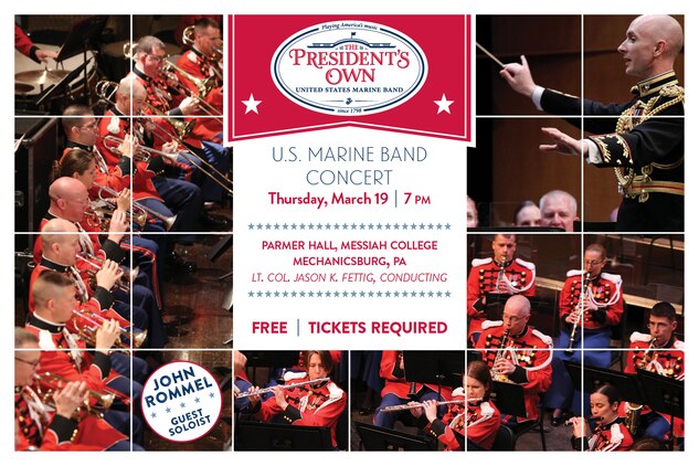 Thursday, March 19 at 7 p.m. - The Marine Band concert will include music by Samuel Jones, David Conte, Maurice Ravel, Bernard Hermann, David Gillingham, John Philip Sousa, and John Williams’ “Adventures on Earth” from E. T. (The Extra-Terrestrial). The concert is part of the National Trumpet Competition, one of the nation’s premier organizations for trumpet players, and will feature guest soloist John Rommel. Rommel, performing Gillingham’s When Speaks the Signal-Trumpet Tone, is trumpet professor at Indiana University in Bloomington and former principal trumpet of the Louisville Orchestra in Kentucky.
The concert is free, but tickets are recommended and are limited to two per request beginning Mar. 9. For Tickets, please visit messiah.edu/tickets or call the Messiah College Ticket Office at 717-691-6036. Patrons without tickets will be admitted to the concert at 6:45 p.m. The concert will take place in Parmer Hall, Calvin and Janet High Center of Worship and Performing Arts at Messiah College in Mechanicsburg, Pa.