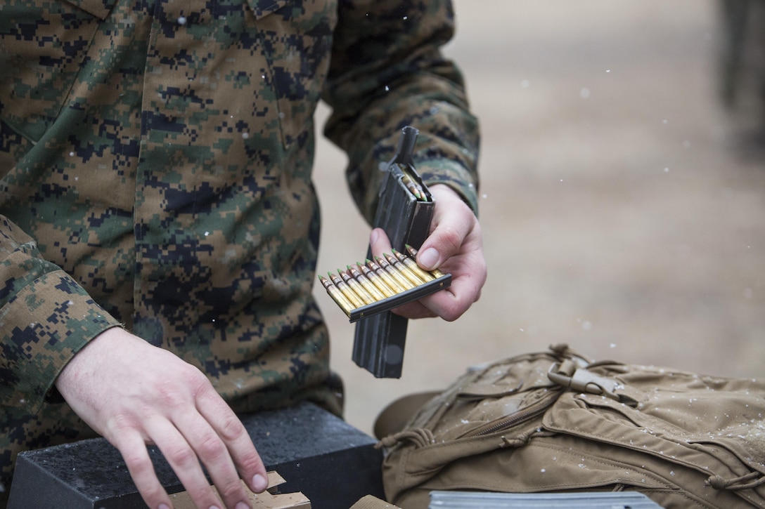 Guard Marines from Marine Barracks Washington, D.C., prepare to fire their weapons during a live fire range at Quantico, Va.,  Feb. 12, 2015. (U.S. Marine Corps photo by Lance Cpl. Christian J. Varney/Released)