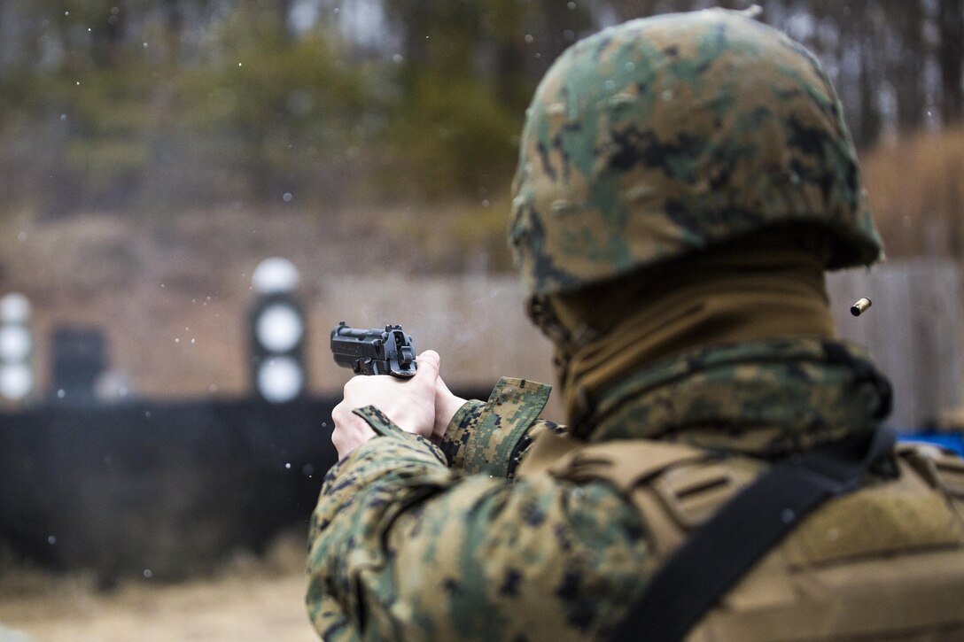 Guard Marines from Marine Barracks Washington, D.C., practice transitioning weapons during a live fire range at Quantico, Va.,  Feb. 12, 2015. (U.S. Marine Corps photo by Lance Cpl. Christian J. Varney/Released)