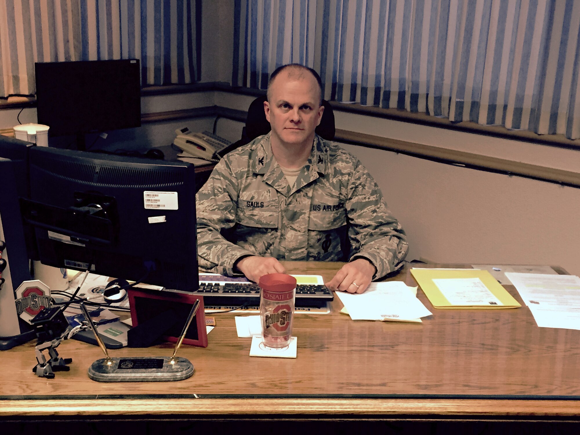 Col. Todd Sauls, 90th Operations Group commander, poses for a photo in his office inside the group building on F.E. Warren Air Force Base, Wyo. Sauls is responsible for ensuring the Airmen in Warren’s missile field are ready to perform their duties at all times. (U.S. Air Force courtesy photo)