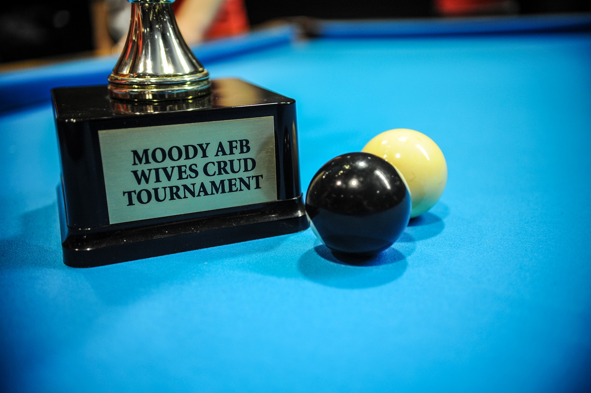 Game balls rest next to the crud tournament trophy after the championship game at the Moody Air Force Base Annual Wives Crud Tournament Feb. 27, 2015, at Moody AFB, Ga.  Crud is a billiards style game played with two balls where the object is to keep the black ball moving while attempting to sink it in one of the corner pockets. (U.S. Air Force photo by Andrea Jenkins/Released)
