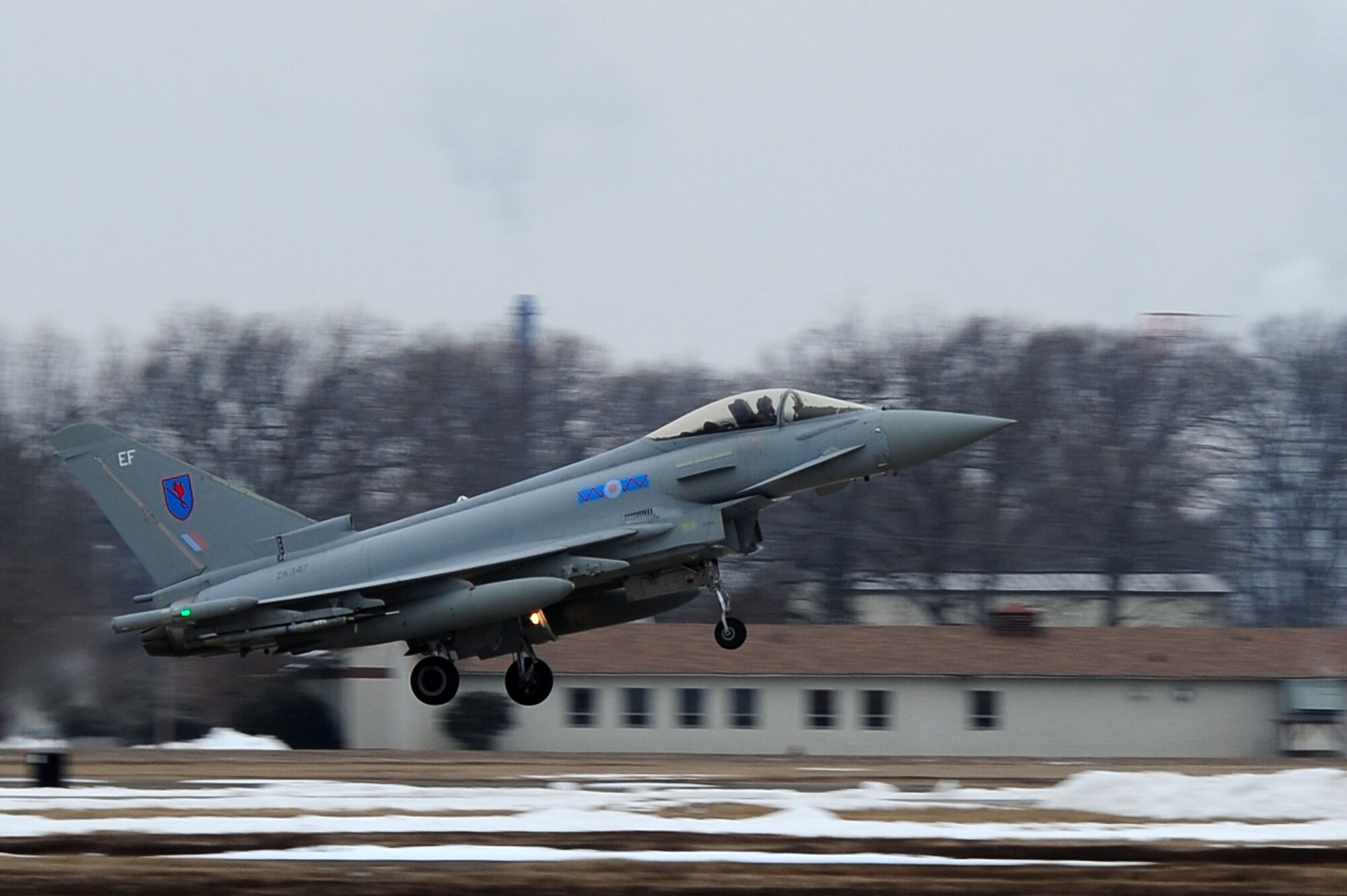 A British Royal Air Force Typhoon FGR4 takes off during the Exercise Western Zephyr at Langley Air Force Base, Va., March 3, 2015. The Typhoon FGR4, XI Squadron RAF is training with F-22 Raptors to enhance joint capabilities. (U.S. Air Force photo by Senior Airman Brittany E. N. Murphy/Released)