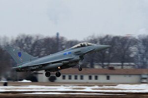 A British Royal Air Force Typhoon FGR4 takes off during the Exercise Western Zephyr at Langley Air Force Base, Va., March 3, 2015. The Typhoon FGR4, XI Squadron RAF is training with F-22 Raptors to enhance joint capabilities. (U.S. Air Force photo by Senior Airman Brittany E. N. Murphy/Released)