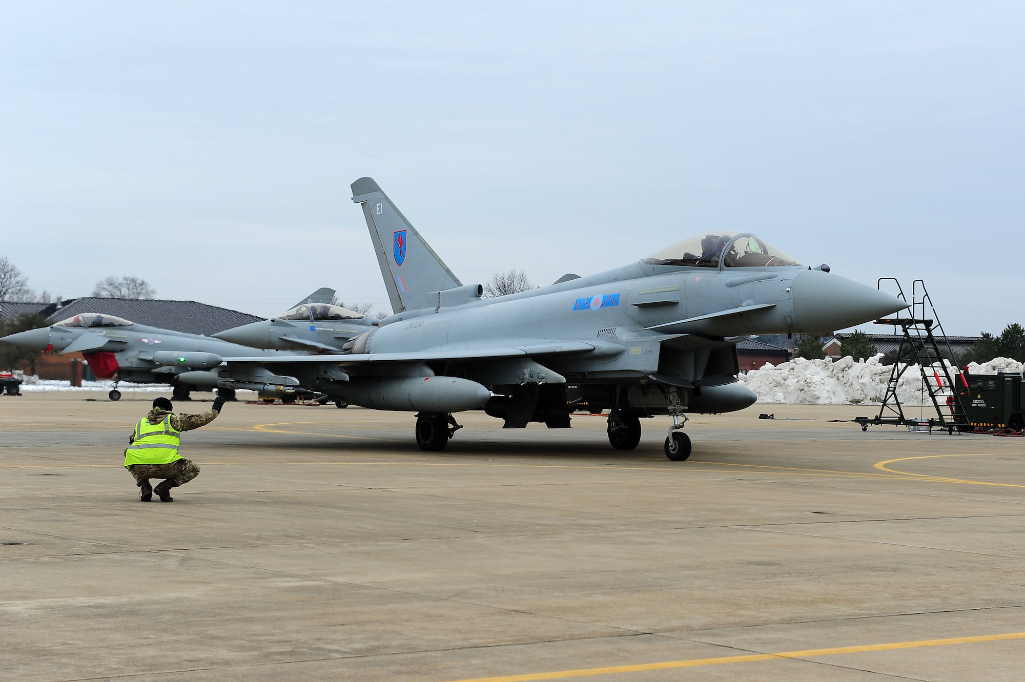 A British Royal Air Force Typhoon FGR4 taxies down the flight line at Langley Air Force Base, Va., March 3, 2015. The Typhoons will participate in Exercise Western Zephyr alongside the F-22 Raptors to test the capabilities and tactics of both aircraft when working in unison. (U.S. Air Force photo by Senior Airman Brittany E. N. Murphy/Released)