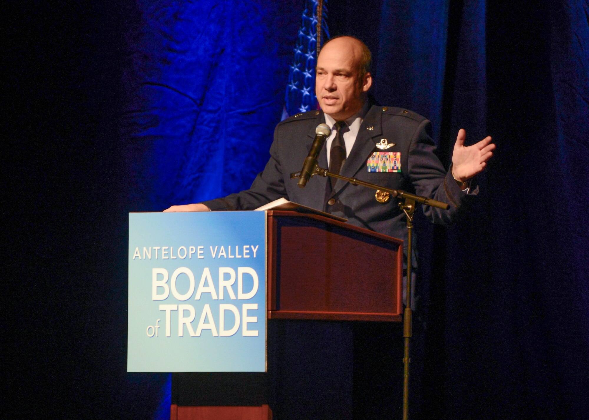 Brig. Gen. Michael Brewer, 412th Test Wing commander, shared his perception of the nature of warfare at the Antelope Valley Board of Trade Business Outlook Conference Feb. 27. (U.S. Air Force photo by Rebecca Amber)
