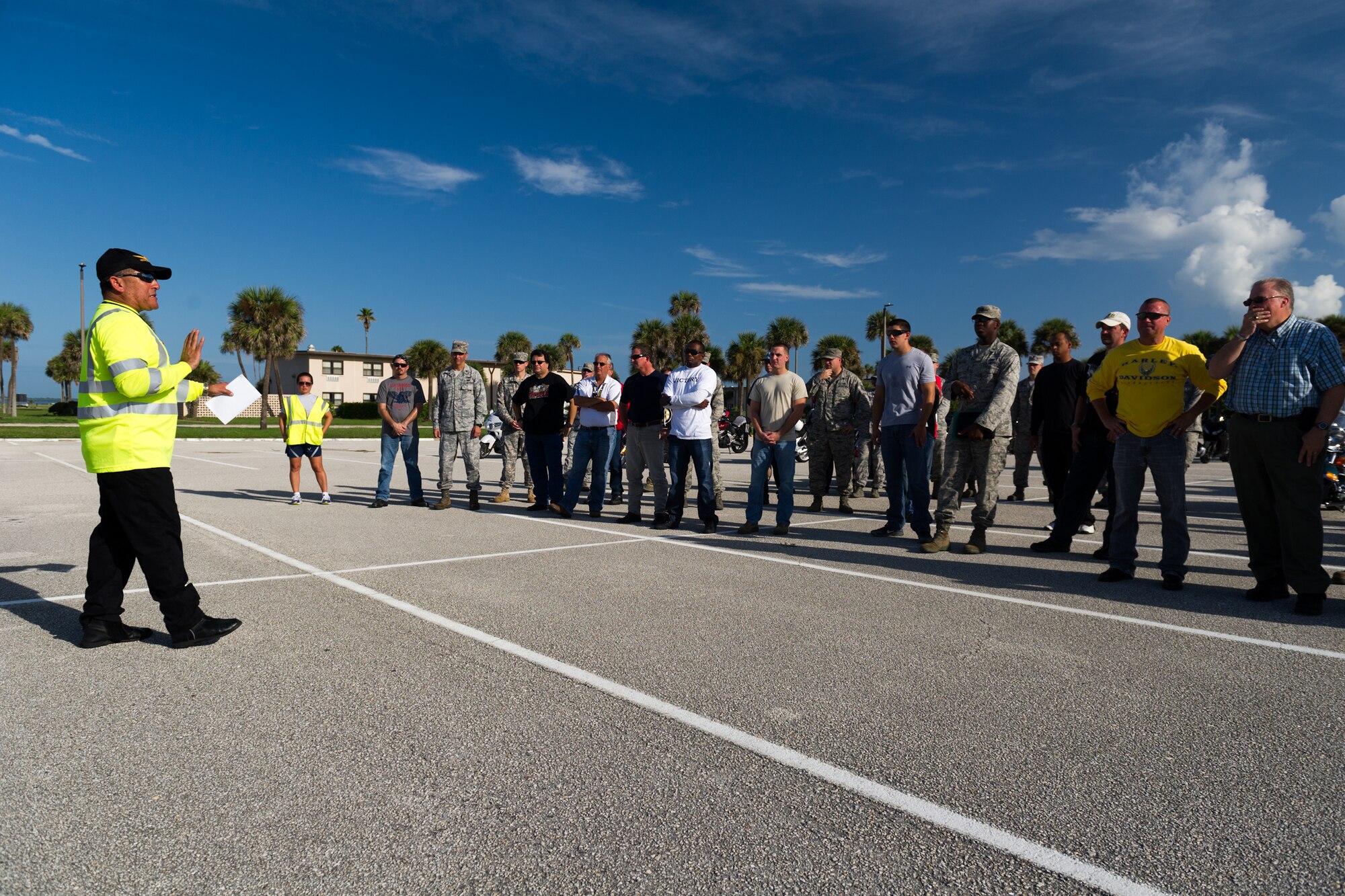 A Team Patrick-Cape member conducts a safety brief prior to a motorcycle mentorship ride at Patrick Air Force Base, Fla.  During the brief, routes and rules are discussed, which helps less experienced riders learn from the more experienced riders. (U.S. Air Force photo/Cory Long) (Released)