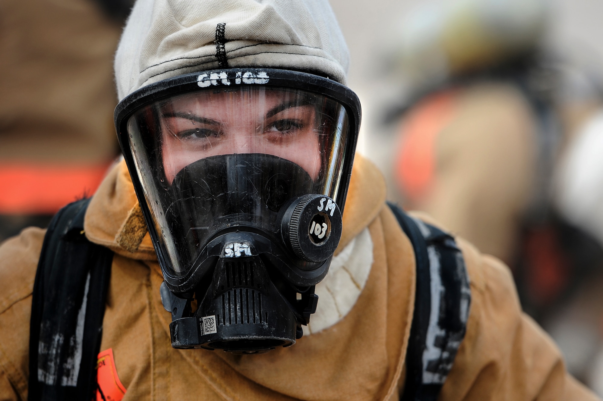 GOODFELLOW AIR FORCE BASE, Texas – Airman 1st Class Brooke D. Hunt, 177th Fighter Wing New Jersey Air National Guard firefighter apprentice, wears fire protection gear at the Louis F. Garland Department of Defense Fire Academy Feb. 3. Hunt is a student of the Fire Protection Apprentice Course at the fire academy. (U.S. Air Force photo/ Airman 1st Class Devin Boyer)