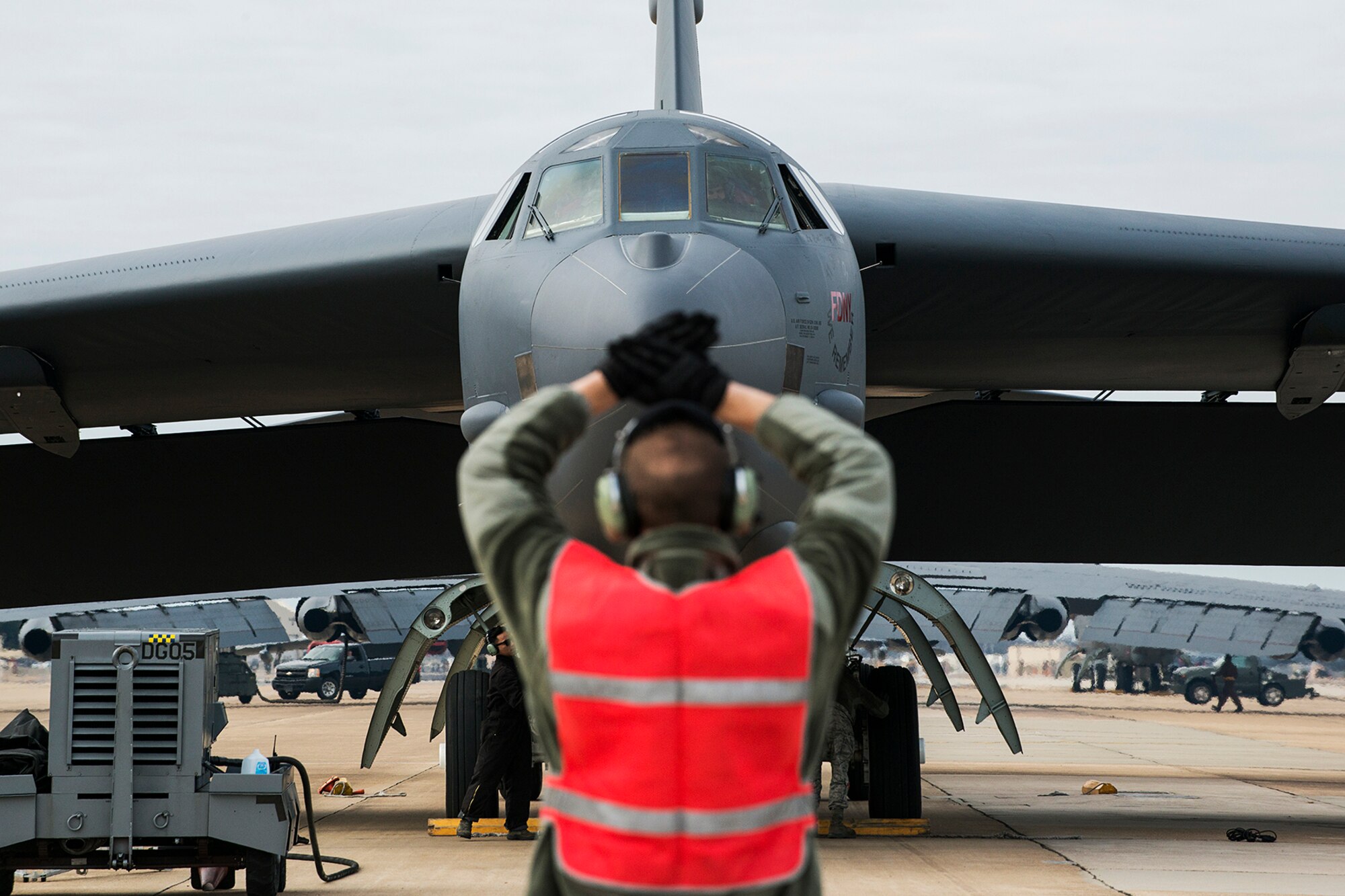 An Air Force Reserve Command B-52H Stratofortress is parked after returning from a sortie on Feb. 5, 2015, Barksdale Air Force Base, La. Piloting the aircraft is U.S. Air Force Maj. Matthew Callow and this marks his last flight in a B-52 before retiring from the Air Force after 20 years of service. (U.S. Air Force photo by Master Sgt. Greg Steele/Released)
