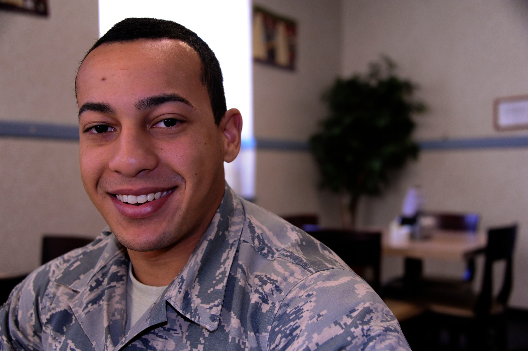 Airman Jaide Francis, Air Command and Staff College administrator, stops by the River Front Inn dining facility during his lunch break at Maxwell Air Force Base, Alabama, Feb. 27, 2015. Francis is from Florida and says he thinks the Air Force is ‘great’ and provides a lot of benefits. (U.S. Air Force photo by Airman 1st Class Alexa Culbert/Cleared)