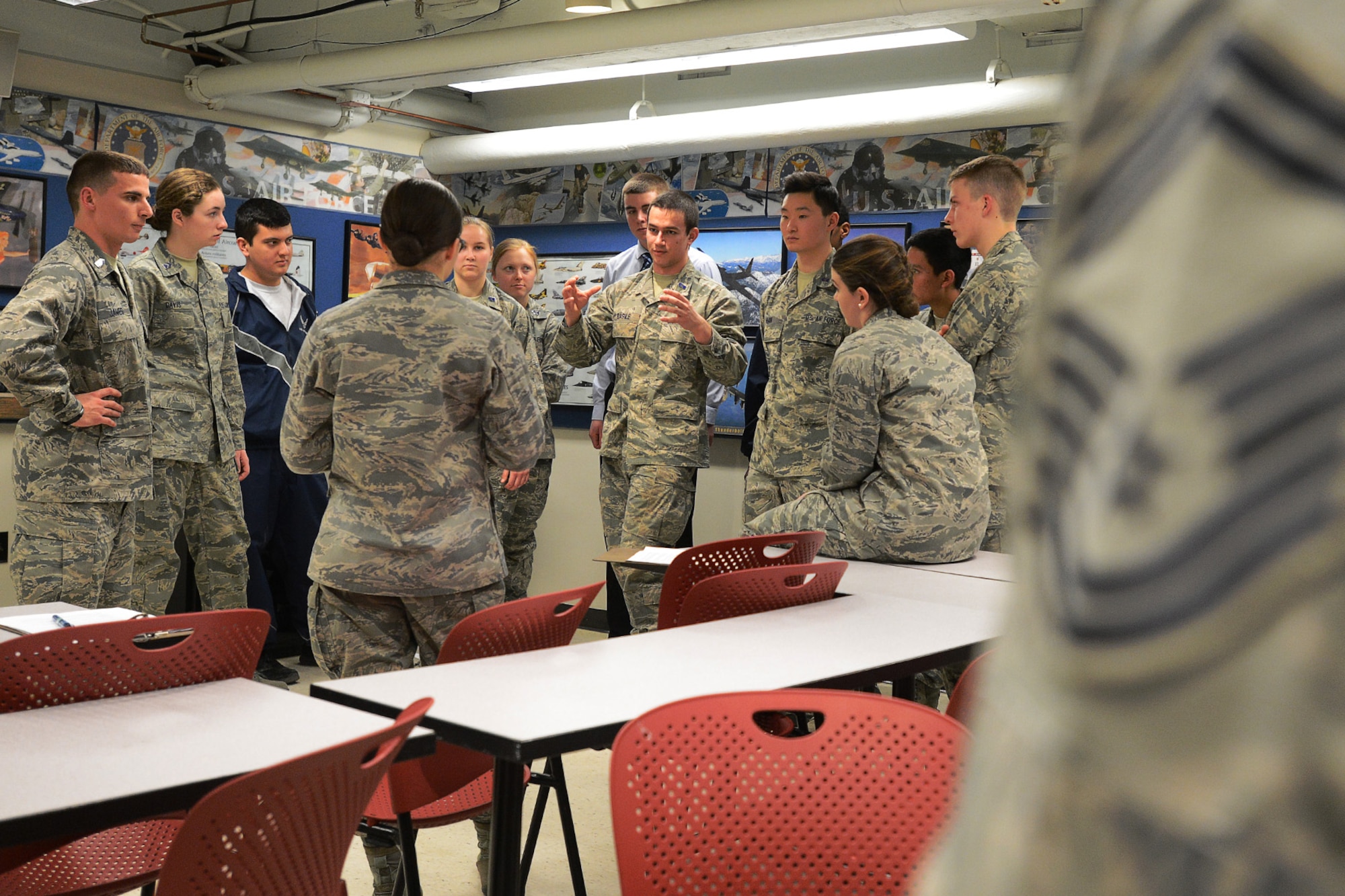 Air Force Reserve Officer Training Corps cadets gather in a classroom to meet with Hanscom Air Force Base Senior NCOs as part of a mentoring session on the campus of Massachusetts Institute of Technology Feb. 24. The cadets from Harvard University, Tufts University, Wellesley College and MIT spoke with Hanscom Air Force Base Senior NCOs on a topic difficult to teach in a lecture – leading enlisted Airmen. (U.S. Air Force photo by Jerry Saslav)   