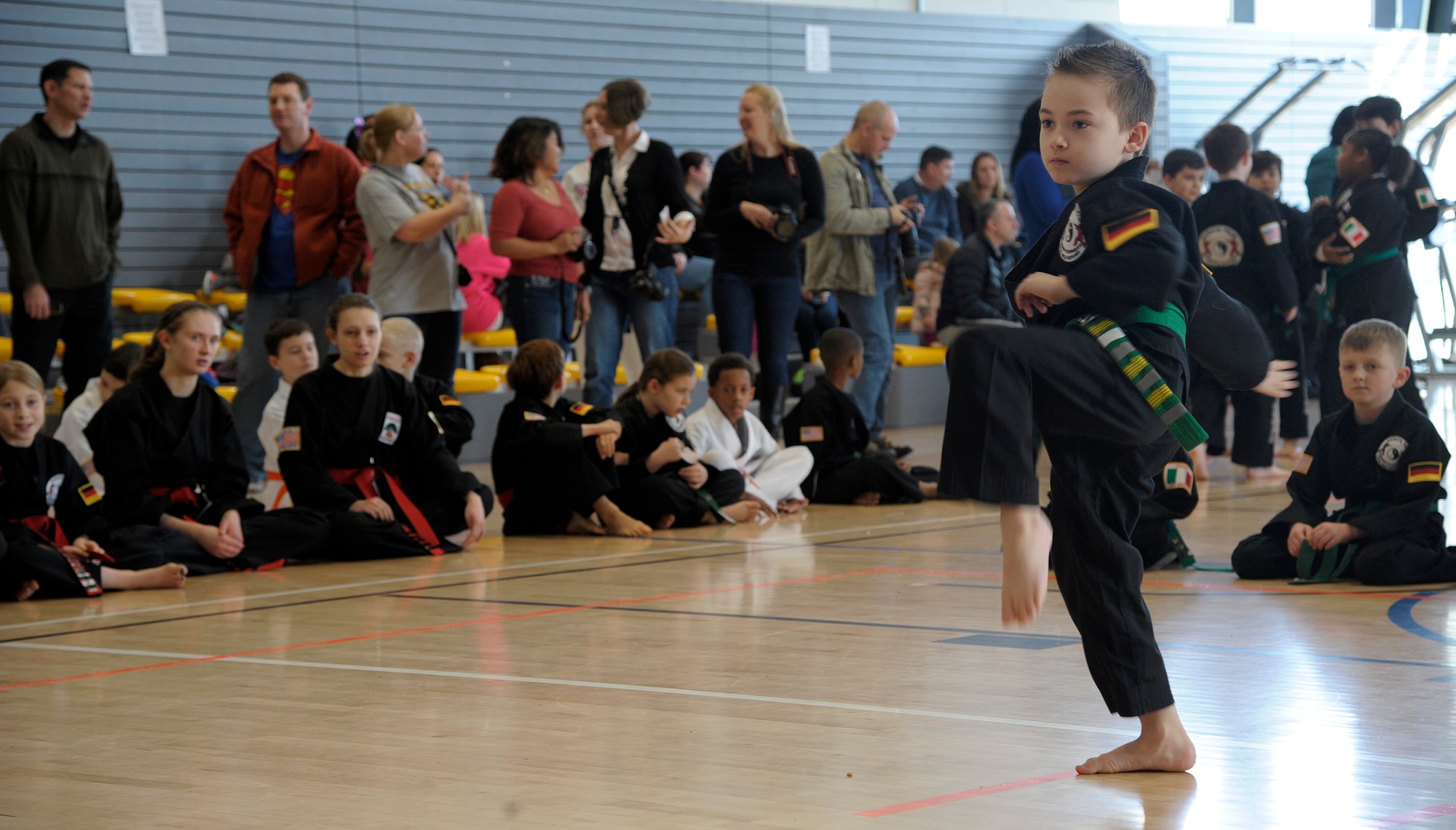 A student executes a stance during the 15th annual U.S. Air Forces in Europe martial arts tournament at Ramstein Air Base, Germany, Feb. 28, 2015. The event was divided into two main categories: forms and sparring. More than 200 students from five martial arts schools participated in the tournament. (U.S. Air Force photo/Senior Airman Timothy Moore)