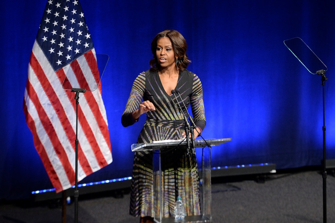 First Lady Michelle Obama speaks at the launch of the mental health initiative Campaign to Change Direction at the Newseum in Washington, D.C., March 4, 2015. The first lady, who co-founded the Joining Forces military community mental health program, spoke about the campaign’s importance for the military community. The campaign is led by Give an Hour, which has a network of 7,000 mental health professionals who provide pro bono services to veterans.