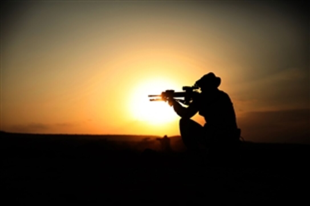 U.S. Marine Corps Lance Cpl. Alexander Morris sights through his rifle scope while training in Djibouti, Feb. 23, 2015. Marine Expeditionary Unit members conducted sustainment training to maintain proficiency while deployed. 