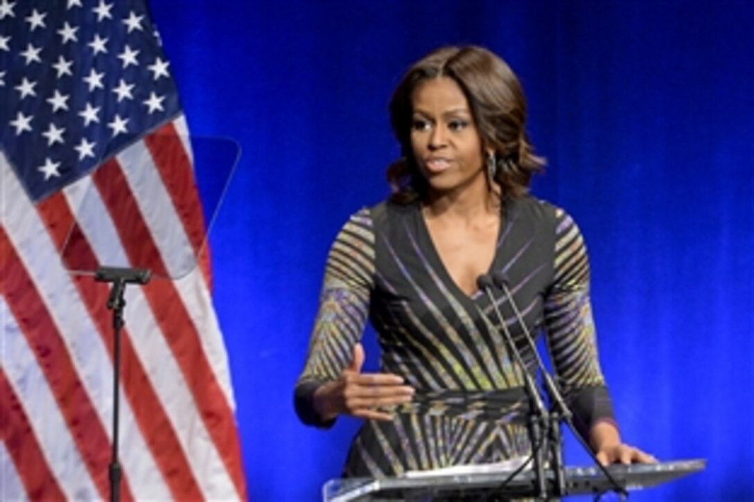 First Lady Michelle Obama makes remarks during the launch of the mental health initiative Campaign to Change Direction at the Newseum in Washington, D.C., March 4, 2015. The first lady, who co-founded the Joining Forces military community mental health program, spoke about the campaign’s importance for the military community. 