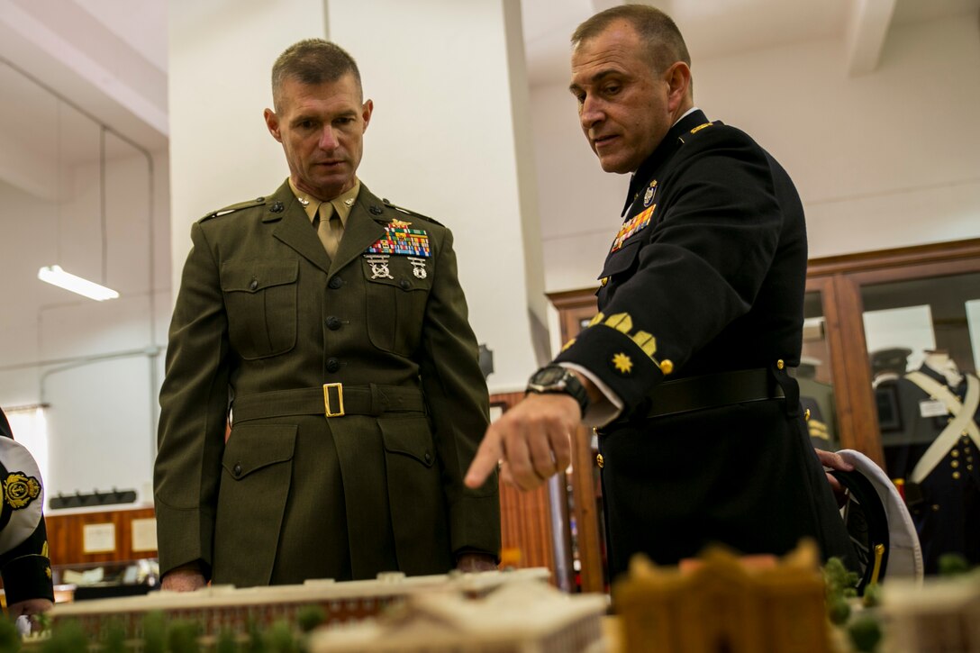 U.S. Marine Corps Col. Thomas Savage, commanding officer, Special-Purpose Marine Air-Ground Task Force Crisis Response-Africa, tours a historic room at the “Tercio de Armada” barracks with Lt. Col. Manuel García Ortiz, chief of staff, Marine Brigade, moments before the ceremonial parade celebrating the 478th anniversary of the Spanish Marine Corps near San Fernando, Spain, Feb. 27, 2015. This is the first time U.S. Marines with Special-Purpose Marine Air-Ground Task Force Crisis Response-Africa attended the ceremony as a testament to the partnership between the NATO allies and the shared bond between Marines. (U.S. Marine Corps photograph by1st Lt. Danielle Dixon/Released)