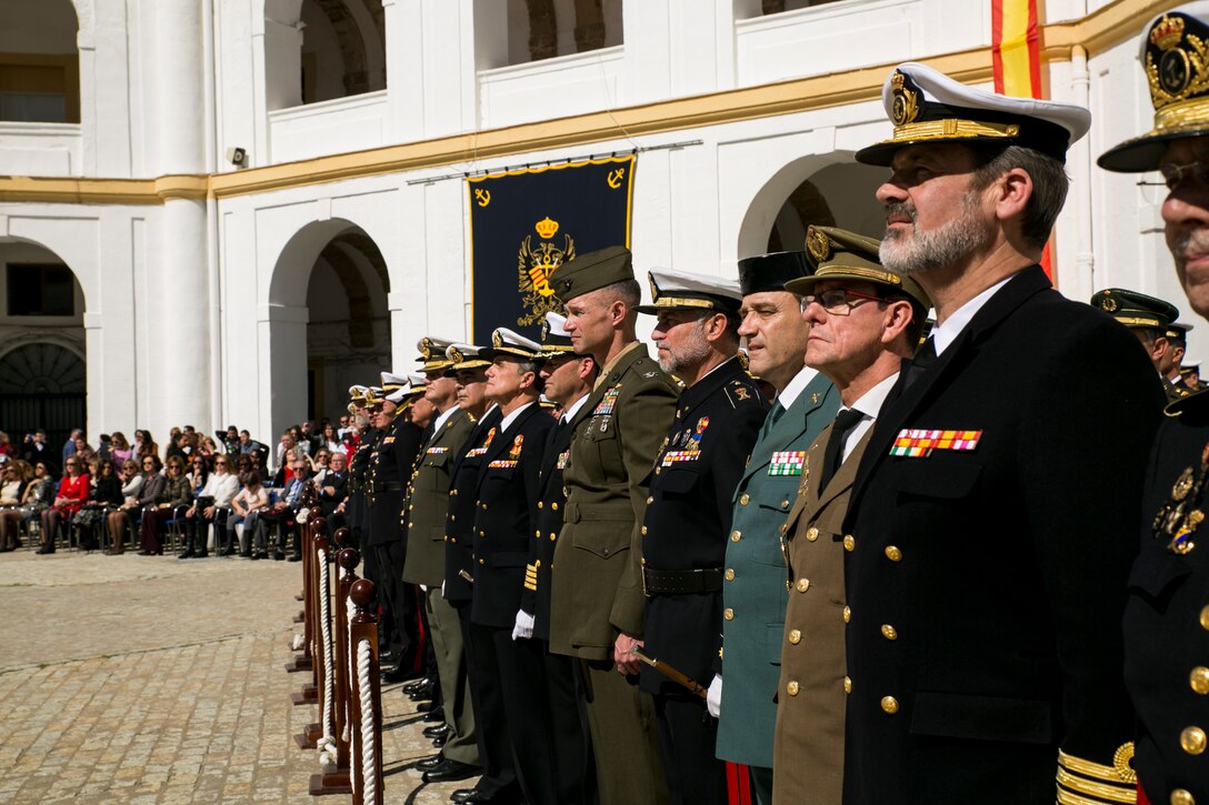 U.S. Marines are invited to celebrate the Spanish Marine Corps’ 478th anniversary parade near San Fernando, Spain, Feb. 27, 2015. Colonel Thomas B. Savage, the commanding officer of Special-Purpose Marine Air-Ground Task Force Crisis Response-Africa, attended the ceremony as a distinguished visitor and emphasized the partnership and similarities of both Marine Forces. (U.S. Marine Corps photograph by 1st Lt. Danielle Dixon/Released)