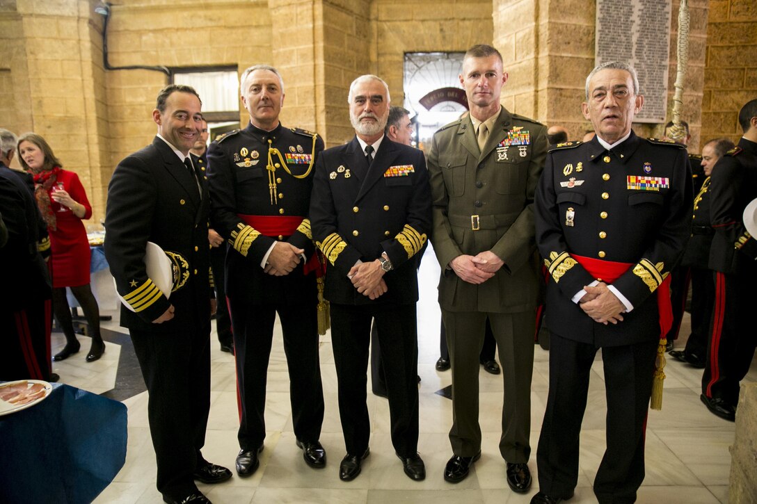 U.S. Marines are invited to celebrate the Spanish Marine Corps’ 478th anniversary parade near San Fernando, Spain, Feb. 27, 2015. (Pictured from left to right) U.S. Navy Capt. Greg Pekari, commanding officer, Naval Station Rota, Spain; Major General Jesus Vicente, commandant of the Spanish Marine Corps; Admiral Santiago Bolivar, commander of the Spanish Fleet; U.S. Marine Corps Col. Thomas Savage, SPMAGTF-CR-AF commanding officer; and Brigadier General Javier Hertfelder de Aldecoa, commanding officer of the Marine Brigade. (U.S. Marine Corps photograph by 1st Lt. Danielle Dixon/Released)