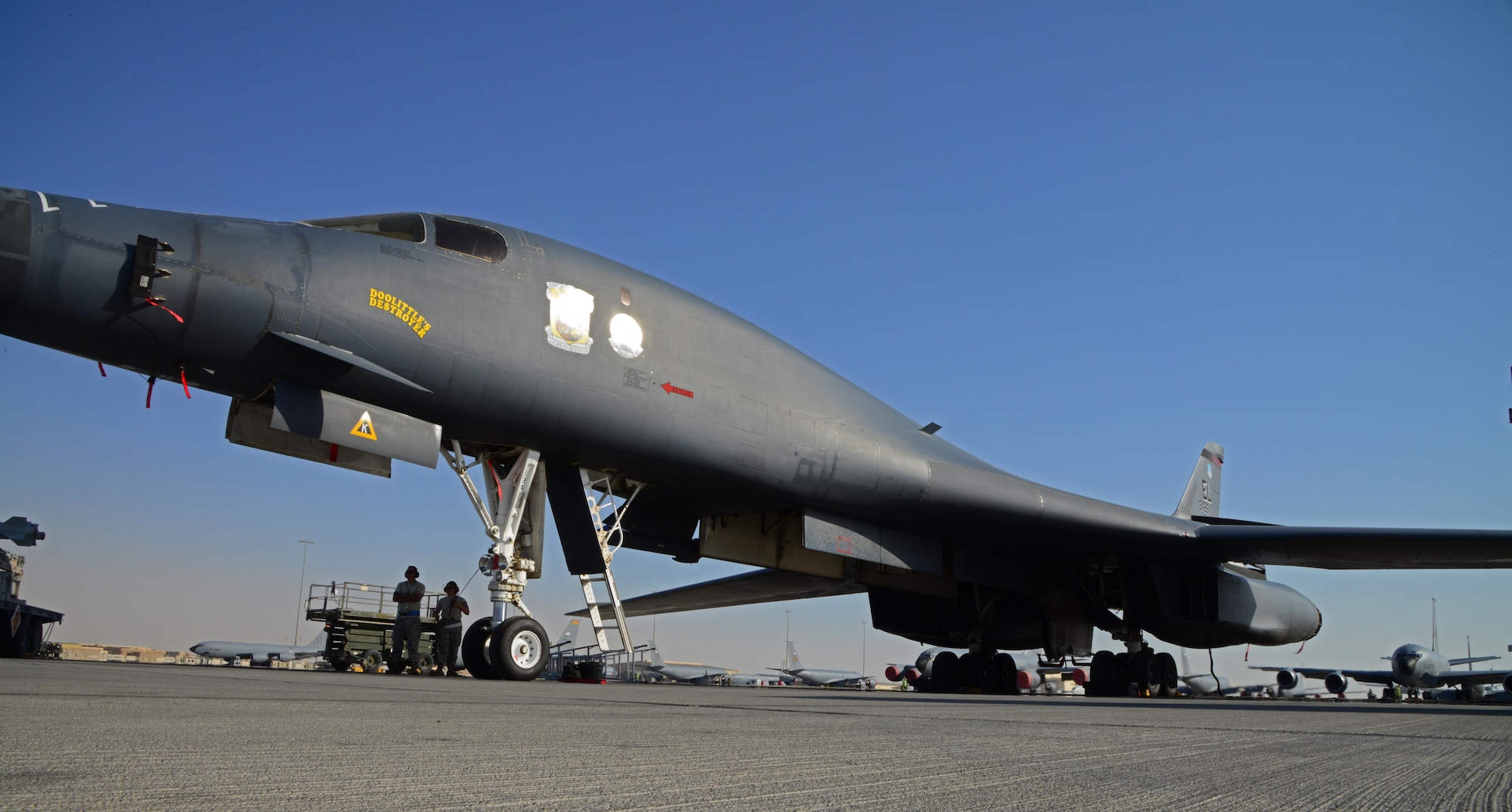 Airmen from the 379th Expeditionary Maintenance Squadron perform pre-flight checks on a B-1B Lancer, Feb. 25, 2015, at Al Udeid Air Base, Qatar, in preparation of support for Operations Inherent Resolve and Freedom’s Sentinel. The B-1 carries the largest payload of both guided and unguided weapons in the Air Force inventory and is a key resource for strike operations throughout the U.S. Air Forces Central Command area of responsibility. (U.S. Air Force photo/Senior Airman Kia Atkins)