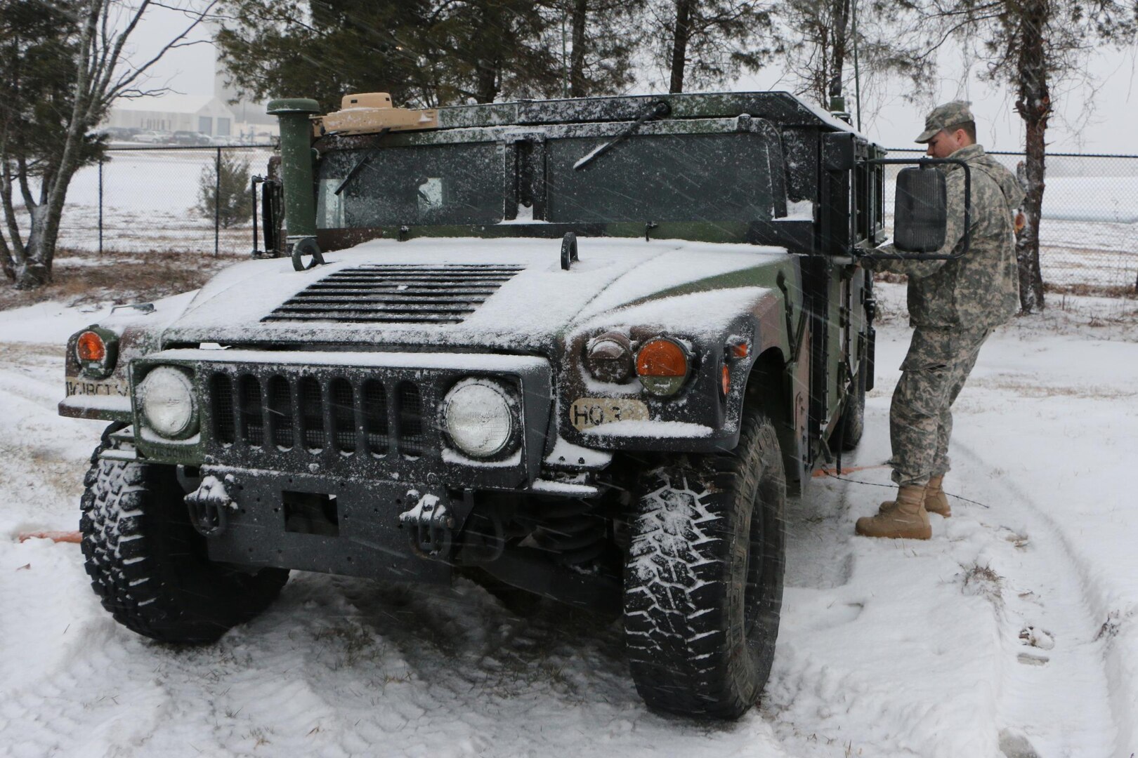 Soldiers from the Leesburg-based Company C, 3rd Battalion, 116th Infantry Regiment, 116th Infantry Brigade Combat Team prepare for possible winter storm response operations March 5, 2015, in Leesburg, Virginia. The Virginia Guard alerted approximately 70 Soldiers March 4, 2015, to stage and be ready for possible response operations due to heavy snow or flooding. Soldiers from the Staunton-based 116th Infantry Brigade Combat Team will stage in Winchester, Staunton, Leesburg, Fredericksburg and Harrisonburg, and Soldiers from the Gate City-based 1030th Transportation Battalion will stage in Gate City.