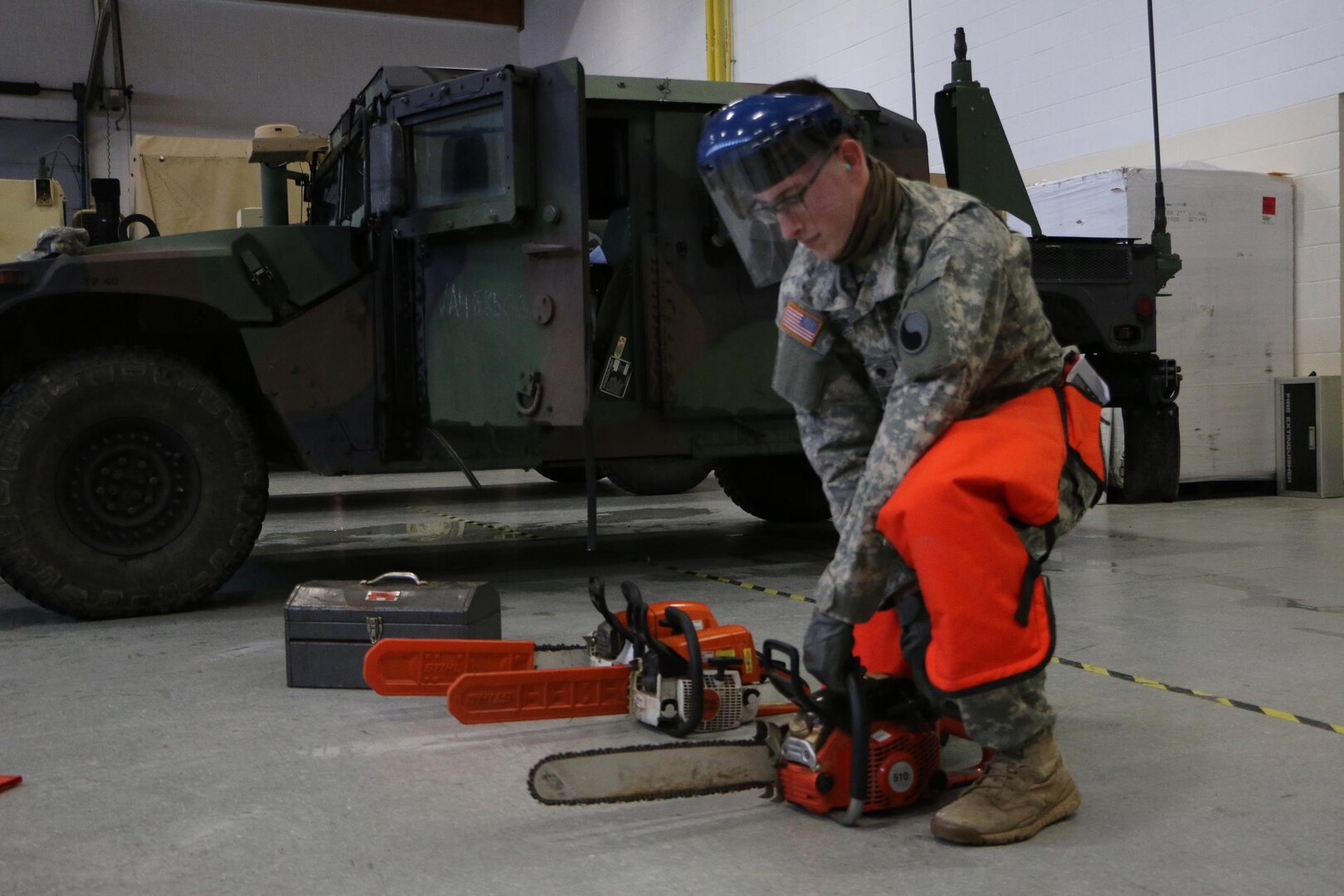 Soldiers from the Leesburg-based Company C, 3rd Battalion, 116th Infantry Regiment, 116th Infantry Brigade Combat Team prepare for possible winter storm response operations March 5, 2015, in Leesburg, Virginia. 