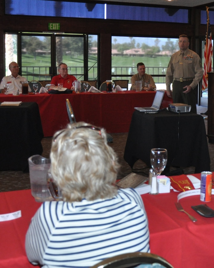 Sgt. Maj. Karl D. Simburger, sergeant major of Marine Corps Logistics Base Barstow, Calif., gave a presentation about MCLB Barstow to members of Marine Corps League Detachment #1156 during a luncheon held at Woodhaven Country Club, Palm Desert, March 4.  During the presentation, Simburger pointed out the many benefits of the base, to include community relations, Marine Corps Mounted Color Guard, economic stimulation and railway operations.