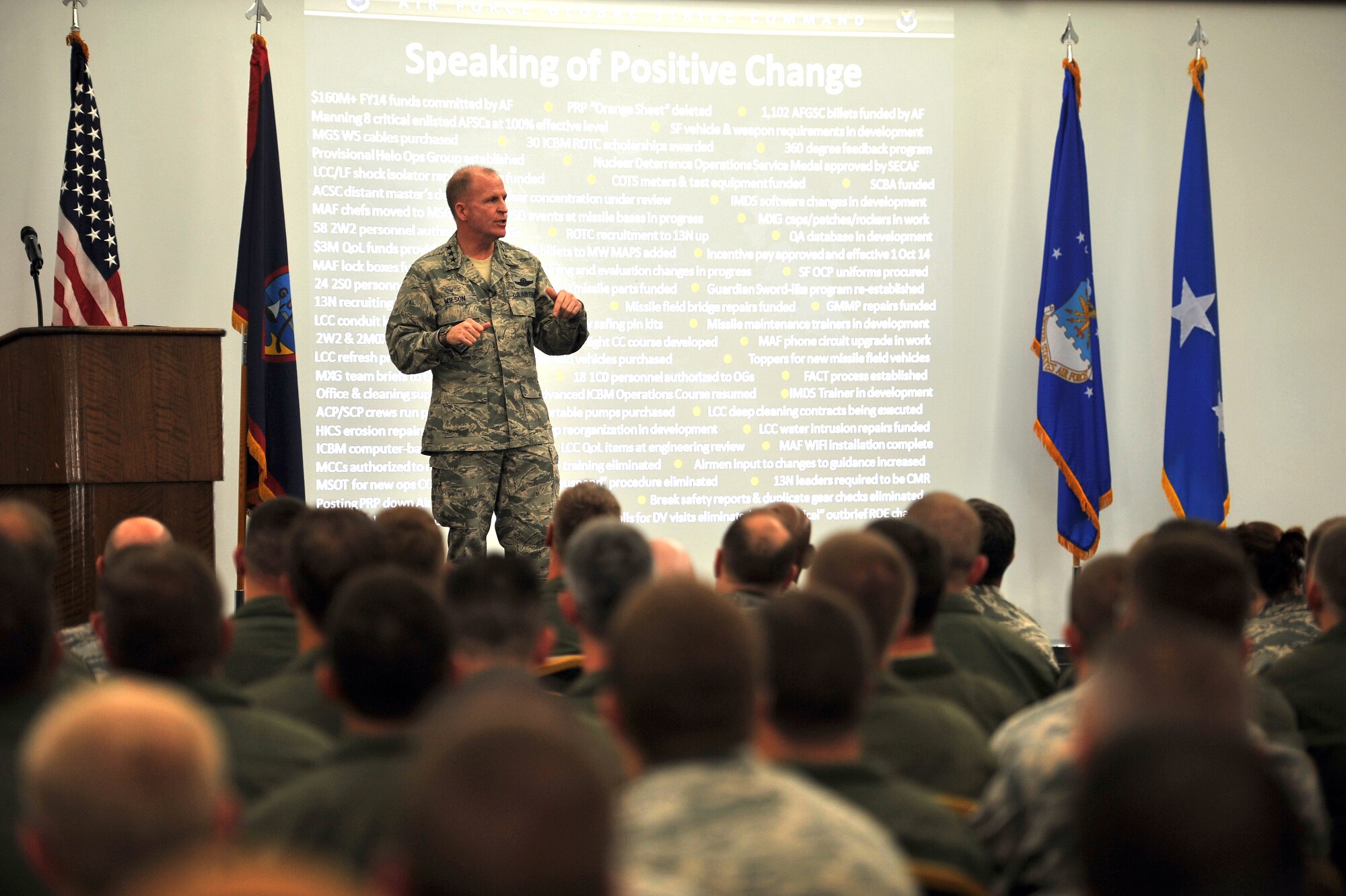 Lt. Gen. Stephen Wilson, commander of Air Force Global Strike Command, addresses nearly 400 deployed Airmen during an all call March 2, 2015, at Andersen Air Force Base, Guam. He provided a command update to the Airmen deployed from Barksdale AFB, La., in support of the Continuous Bomber Presence mission in the Asia-Pacific region. (U.S. Air Force photo by Staff Sgt. Melissa B. White/Released)