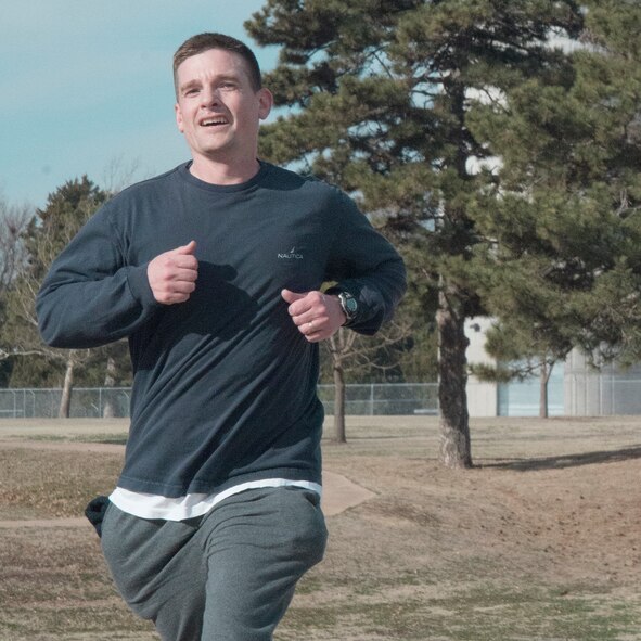 Lt. Col. Sean Martin, the 3rd Flying Training Squadron commander, in the final length of the 5K Warren Edds Memorial Fun Run/Walk in Enid, Oklahoma, Feb. 21. Vance Airmen volunteered and participated in the Railroad Pass Trail run in support of Special Olympics Oklahoma. (U.S. Air Force photo / David Poe)