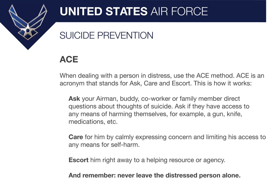 The ACE card is one of multiple downloadable resources available to facilitators and training attendees for the annual suicide prevention training. The card can be downloaded on the suicide prevention training website at http://wingmanonline.org (Courtesy graphic)