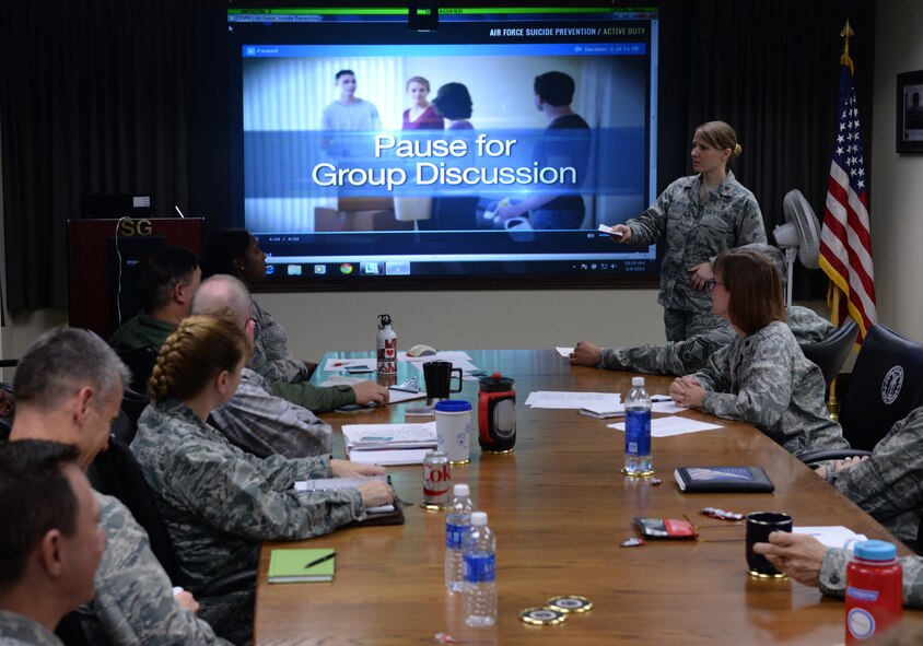Maj. Jennifer Tomlinson, deputy chief, Air Education and Training Command Medical Readiness Division, serves as facilitator during the AETC Medical Services and Training directorate annual Air Force Suicide Prevention training at Joint Base San Antonio-Randolph, Texas, March 4, 2015. The face-to-face training replaced the computer-based training beginning Feb. 11, 2015. (U.S. Air Force photo by Tech. Sgt. Joshua Strang)
